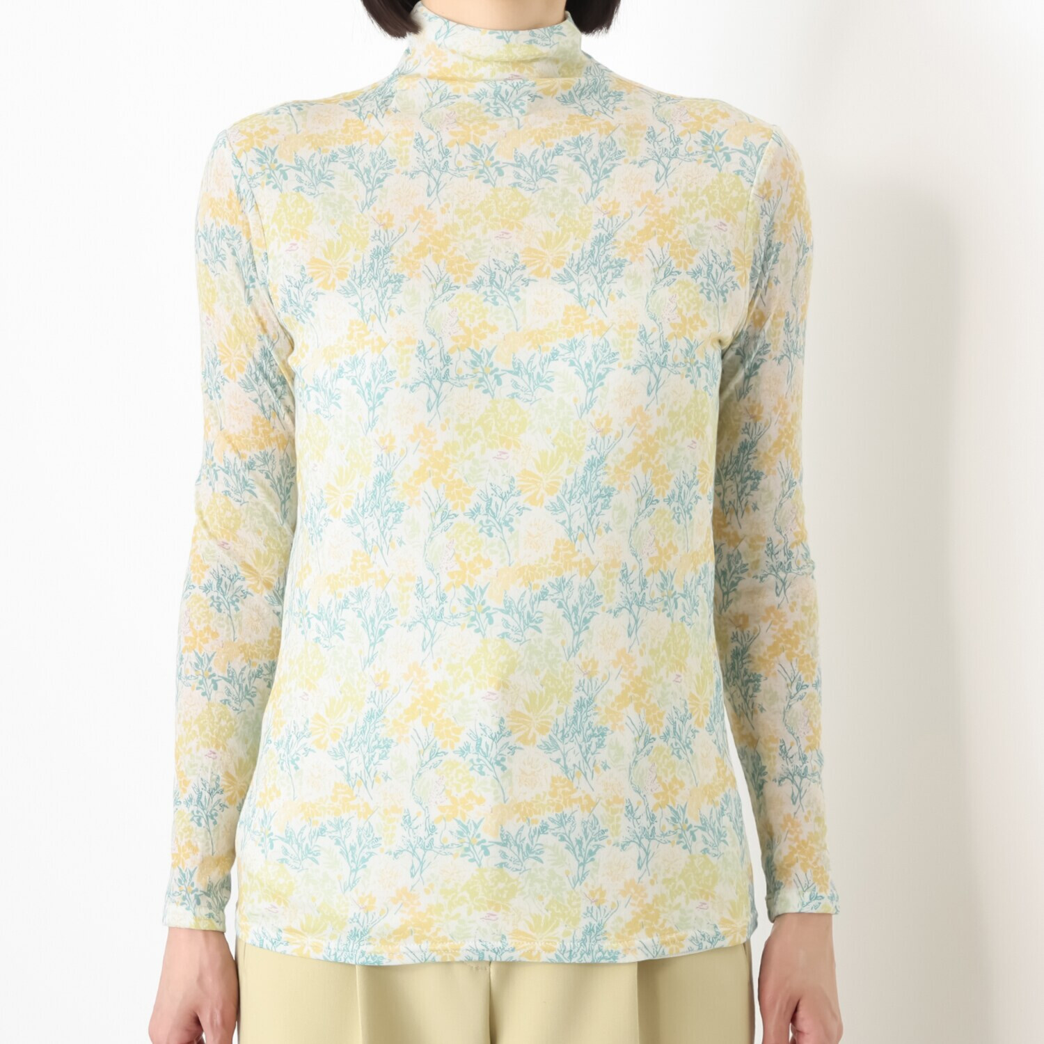 天使の綿シフォン モックネック プリント 一重長袖プルオーバー