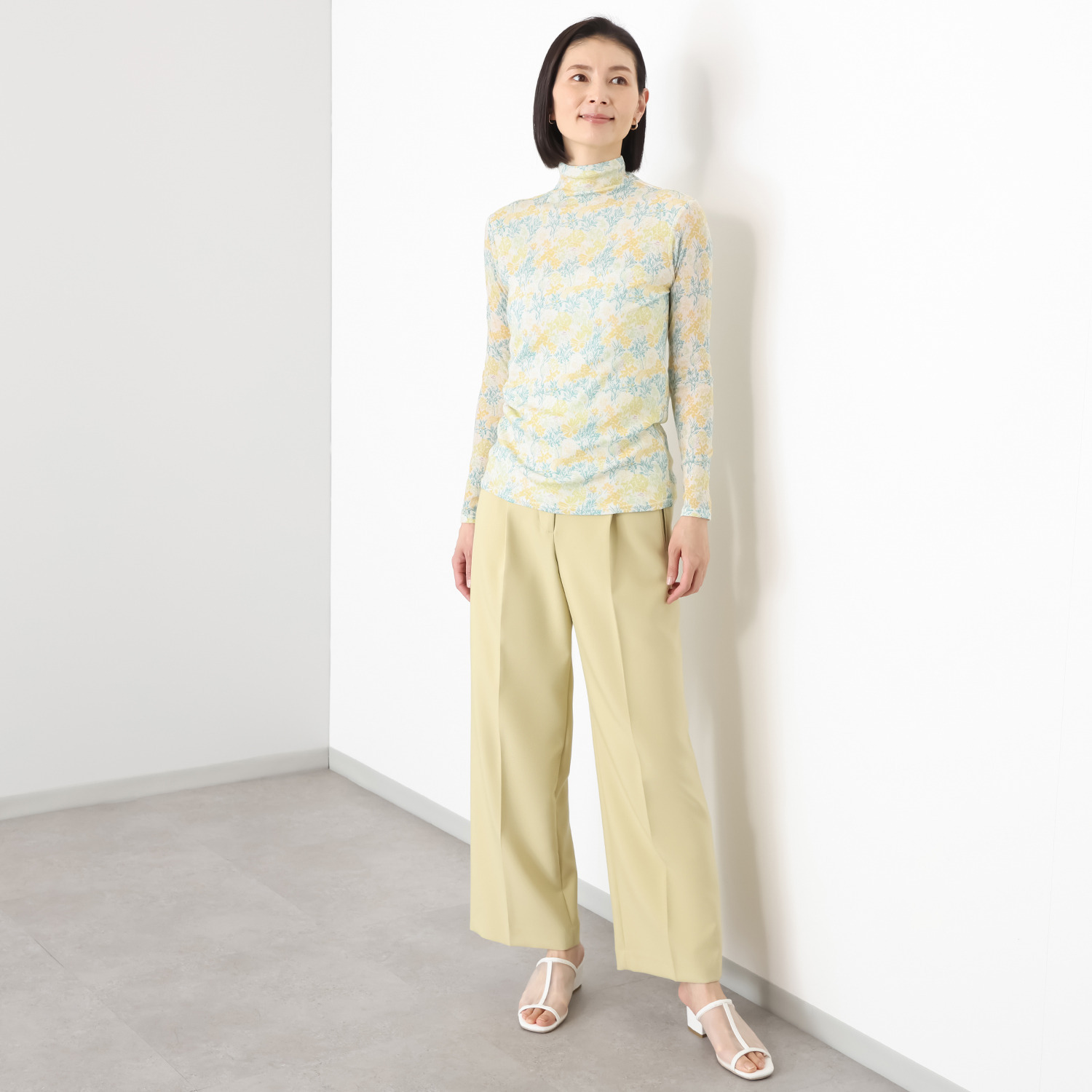 天使の綿シフォン モックネック プリント 一重長袖プルオーバー