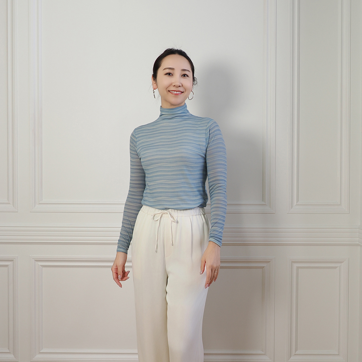 天使の綿シフォン モックネック プリント 一重長袖プルオーバー