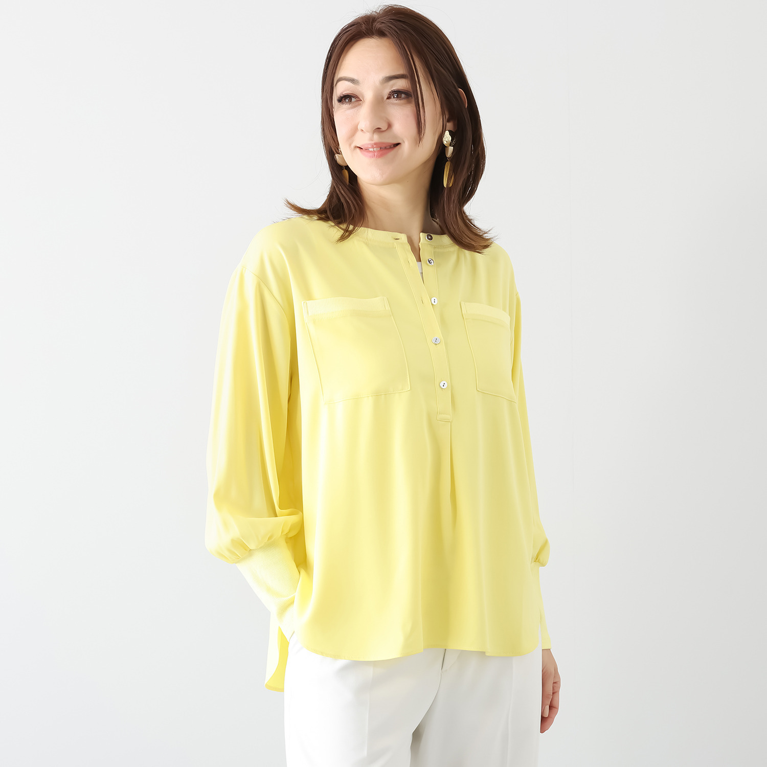 エムズ　スタイル ストレッチデシン 異素材切替 ヘンリーネック プルオーバー