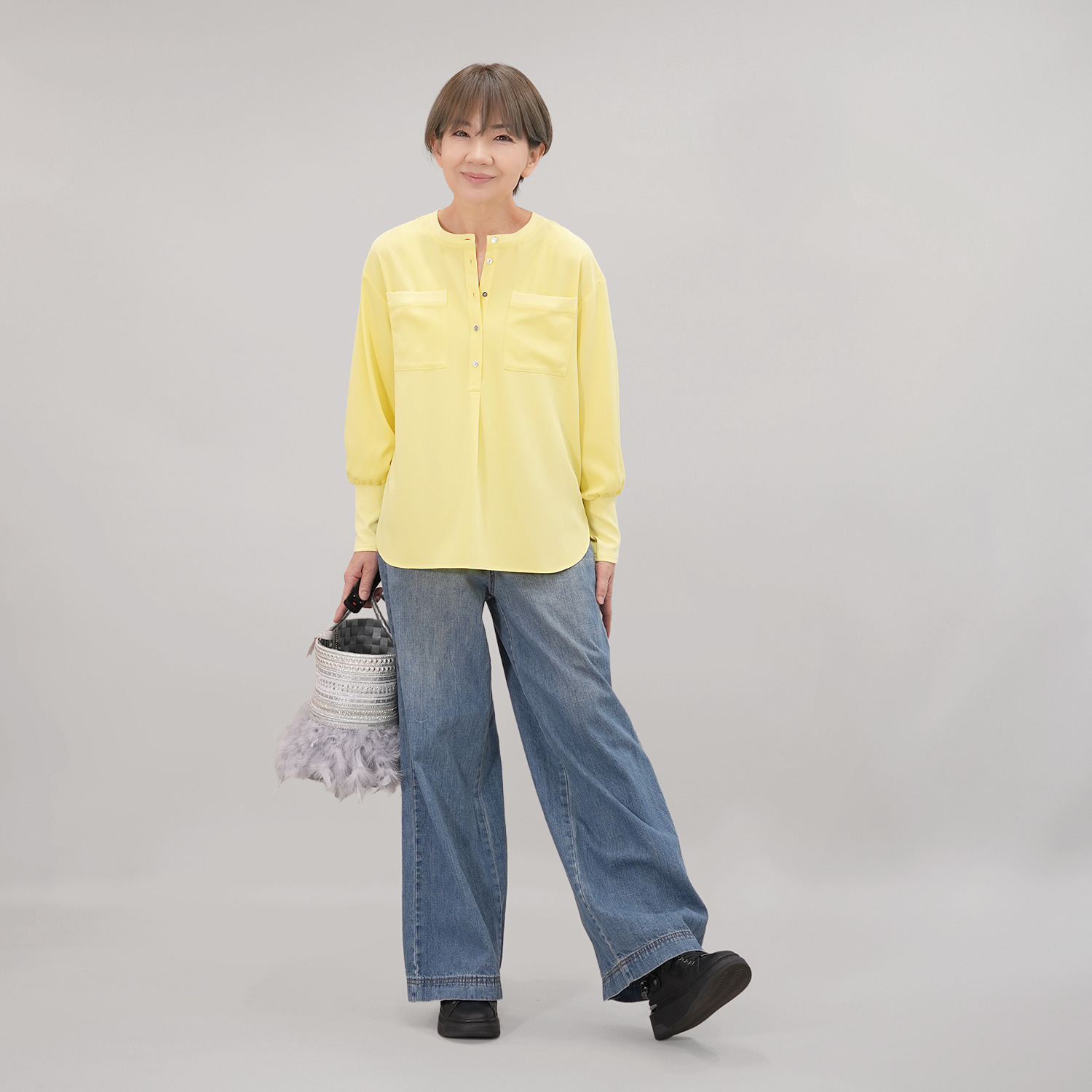 エムズ　スタイル ストレッチデシン 異素材切替 ヘンリーネック プルオーバー