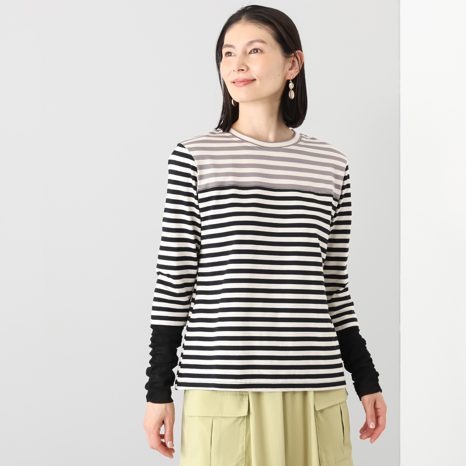 エムズ　スタイル 配色ボーダー シャーリングチュール切替 デザインプルオーバー