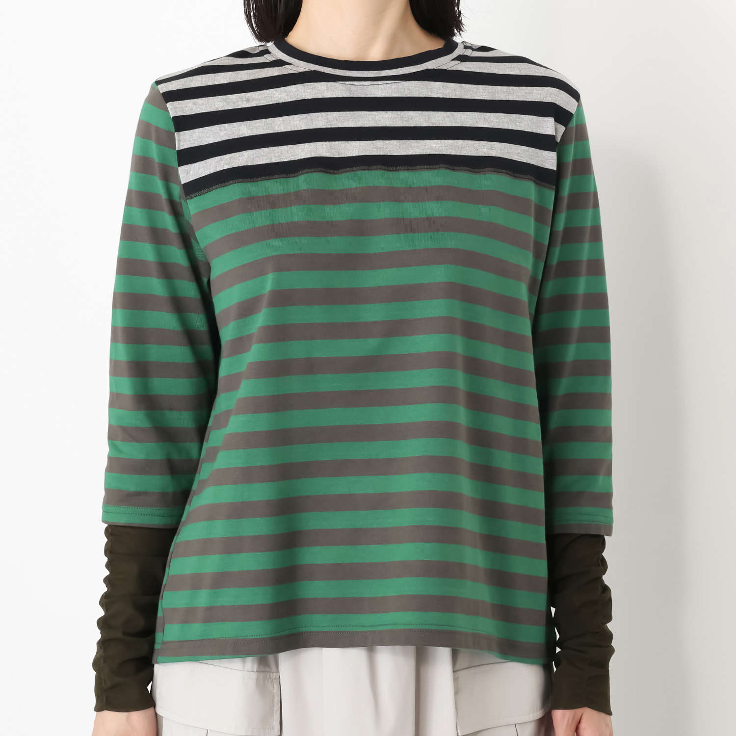 エムズ　スタイル 配色ボーダー シャーリングチュール切替 デザインプルオーバー