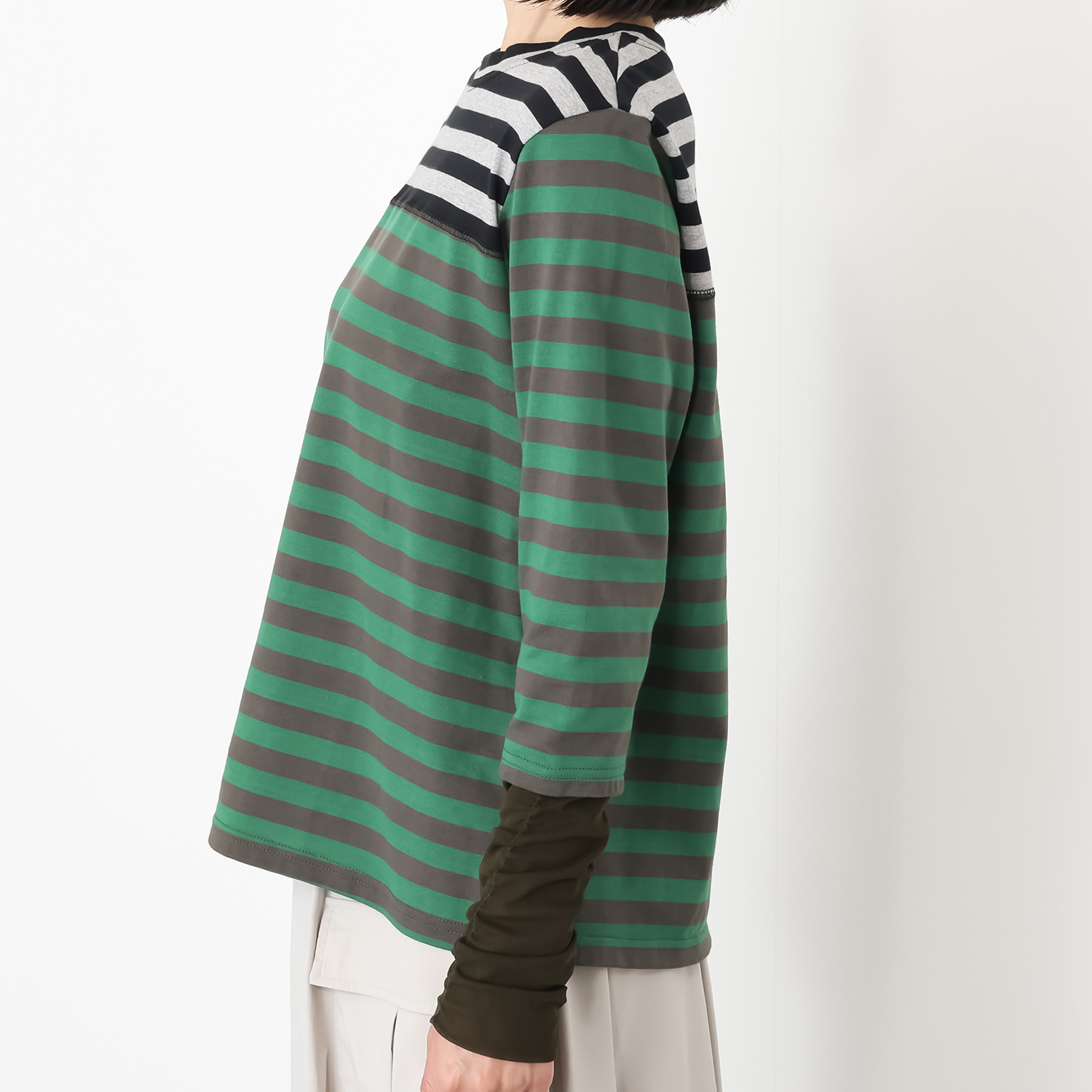 エムズ　スタイル 配色ボーダー シャーリングチュール切替 デザインプルオーバー