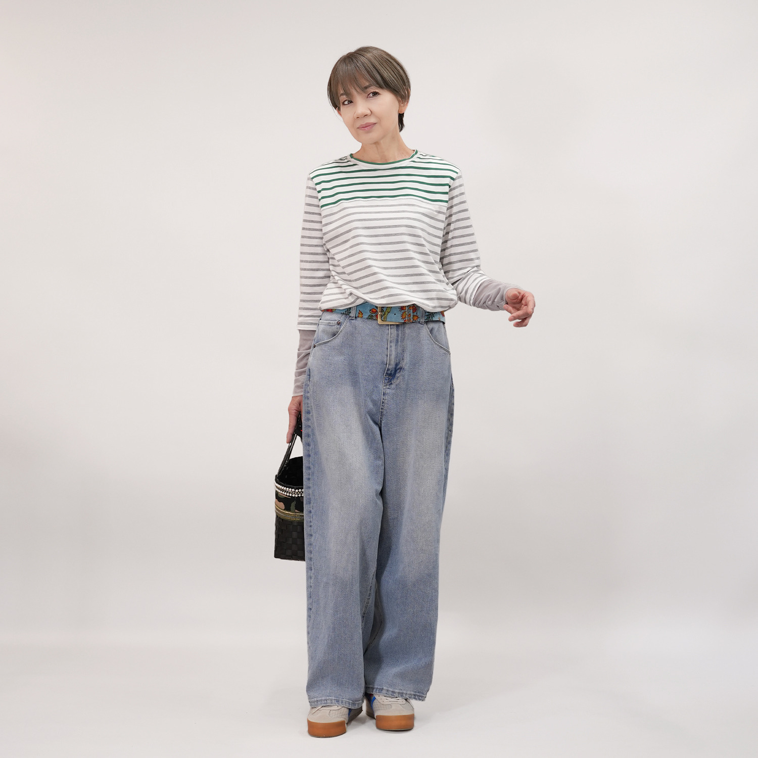 エムズ　スタイル 配色ボーダー シャーリングチュール切替 デザインプルオーバー