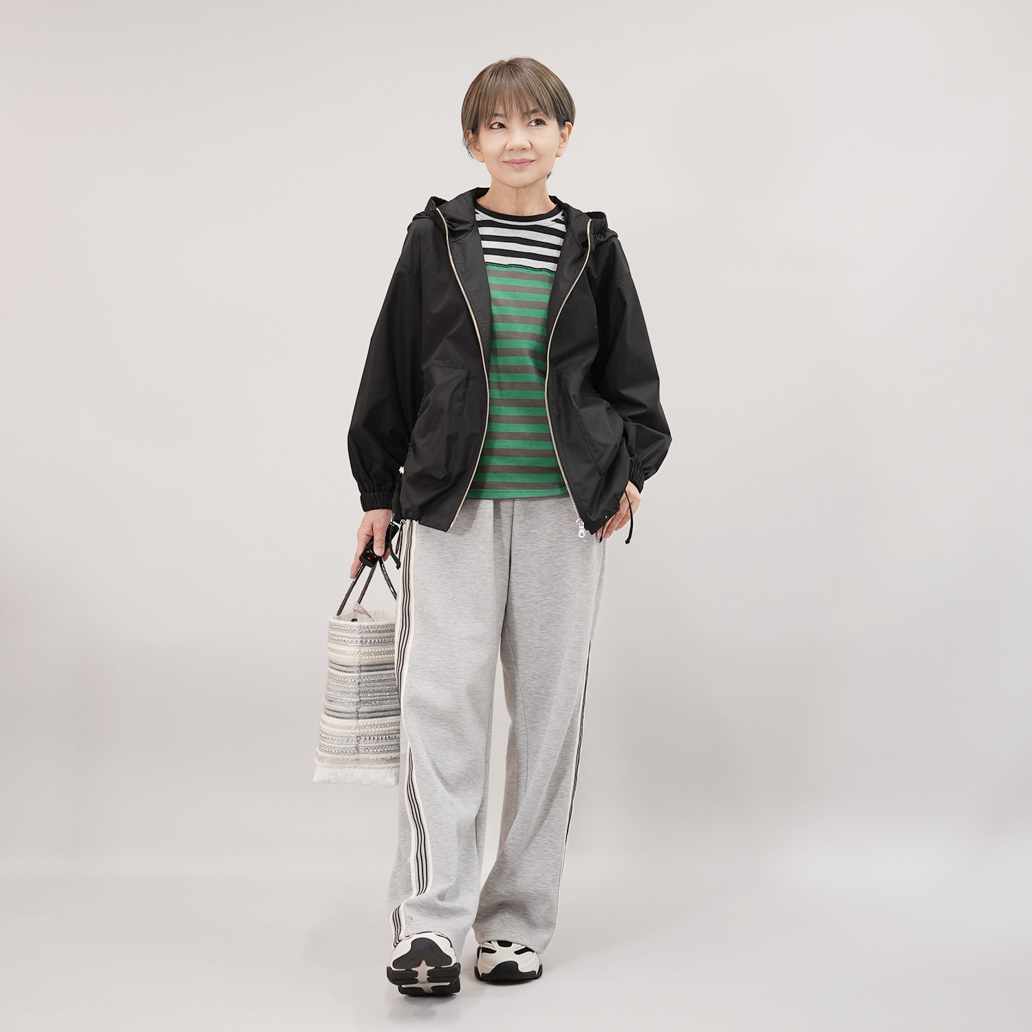 エムズ　スタイル 配色ボーダー シャーリングチュール切替 デザインプルオーバー