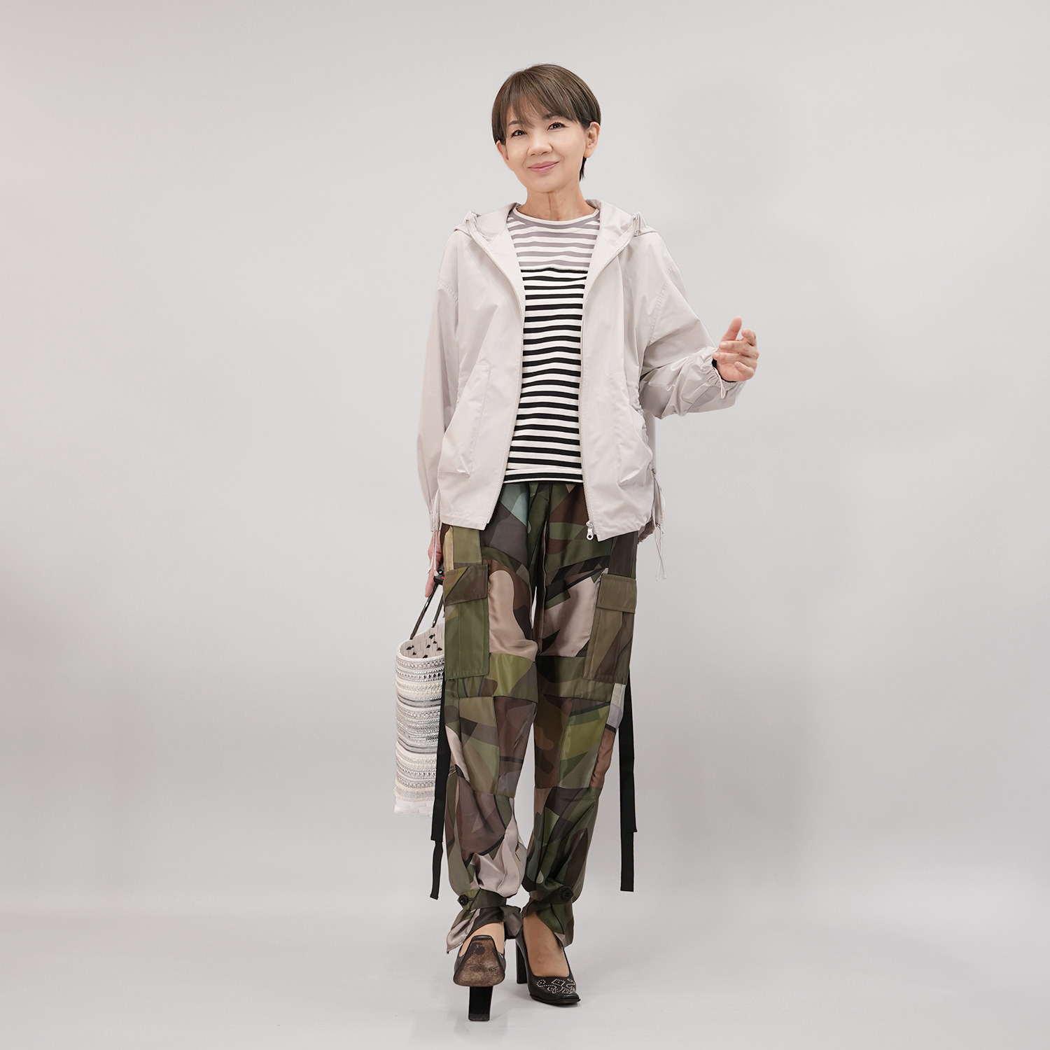 エムズ　スタイル 配色ボーダー シャーリングチュール切替 デザインプルオーバー