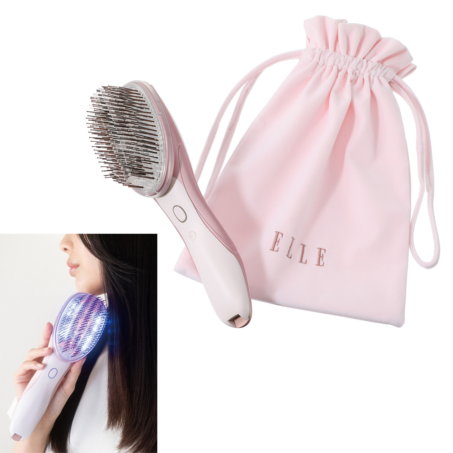 医師共同開発 ＬＥＤ搭載＆ マイナスイオン発生 ブラッシングで驚きの ツヤボリューム！ ＥＬＬＥ “スタイリストイオン グロウブラシ”特別セット