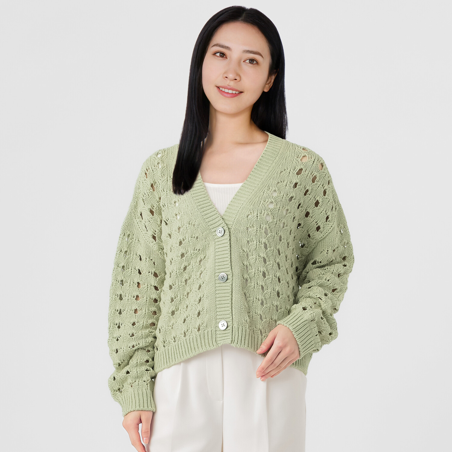 エマキュレイト 日本製 ホールガーメント リリヤーン 透かし柄 ニットカーディガン