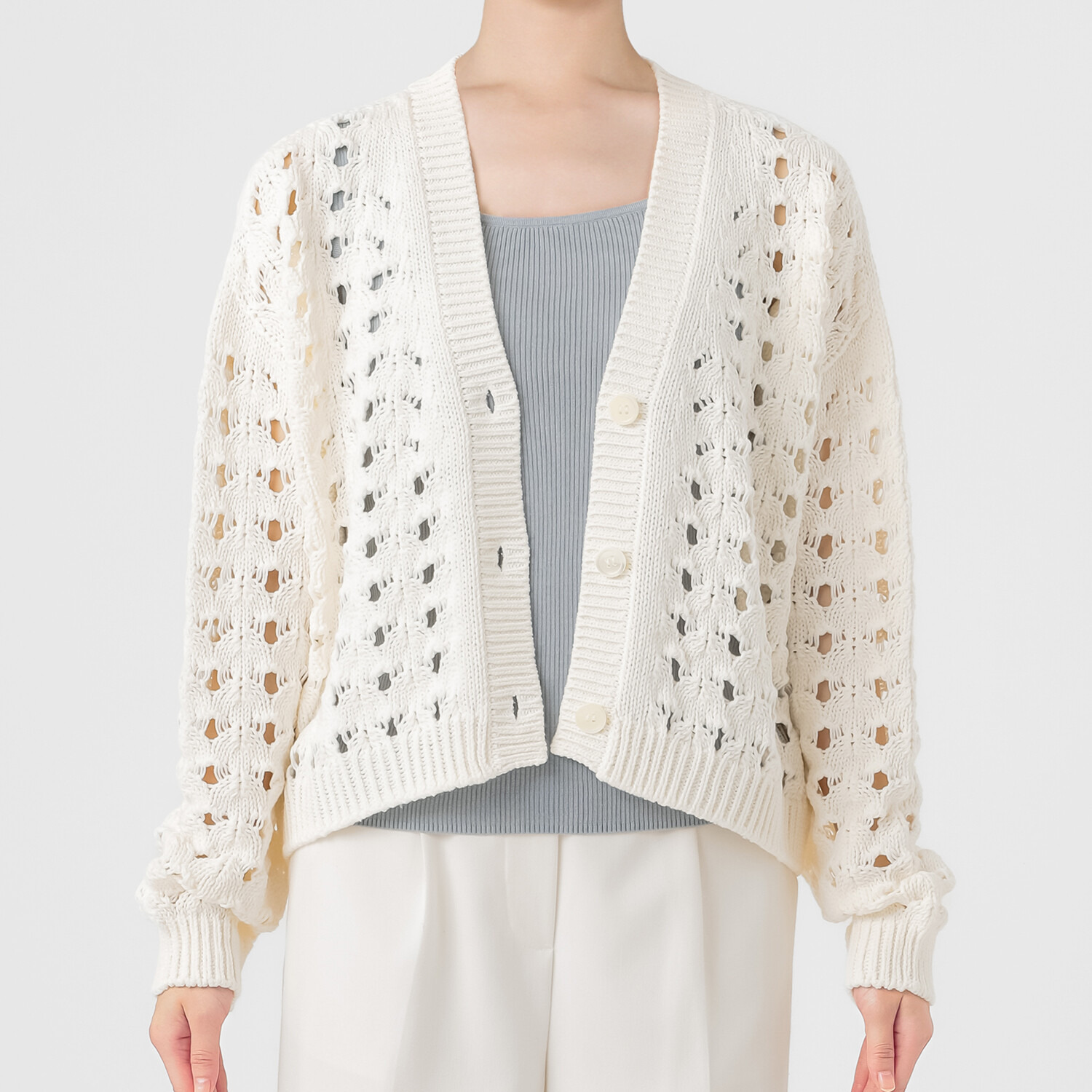 エマキュレイト 日本製 ホールガーメント リリヤーン 透かし柄 ニットカーディガン