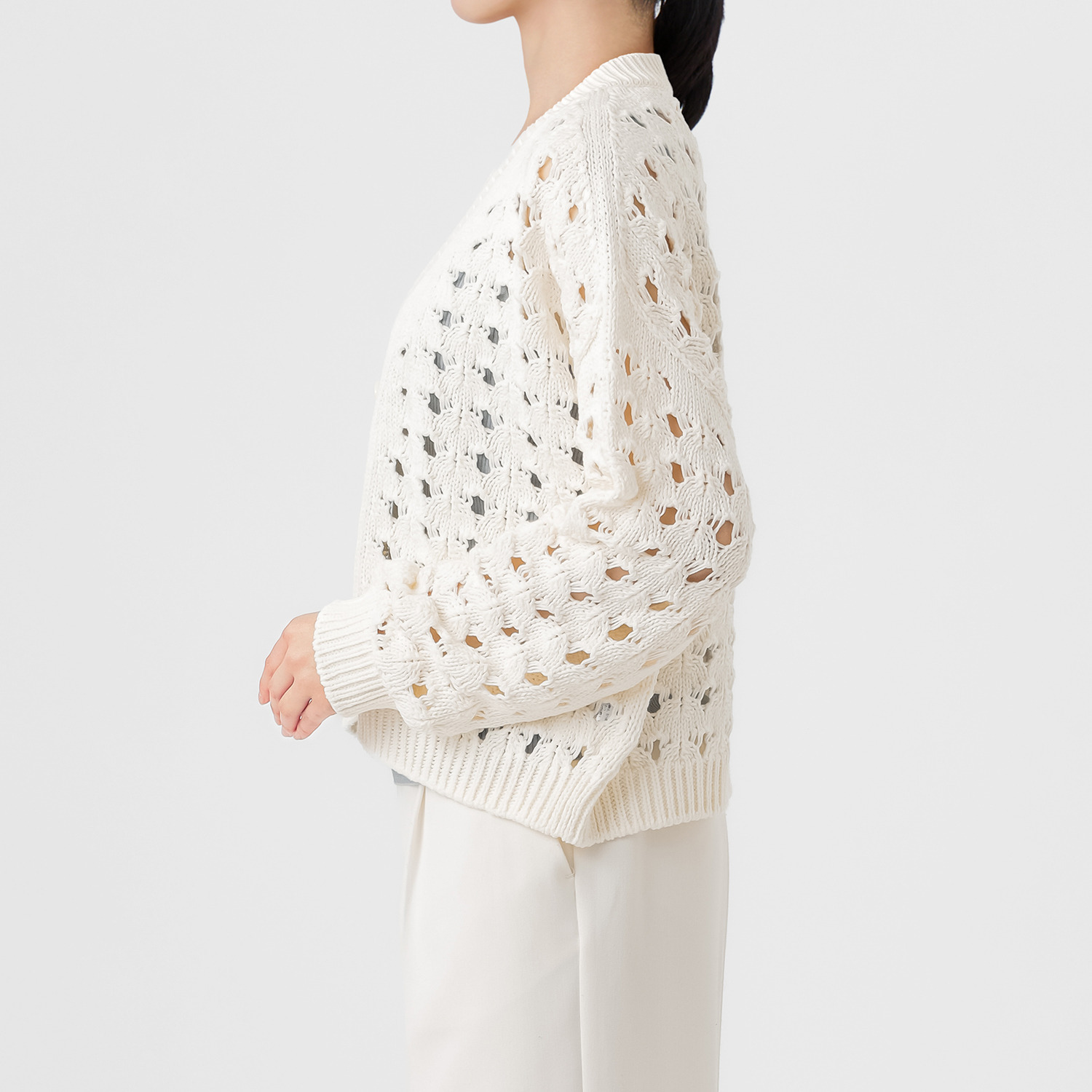 エマキュレイト 日本製 ホールガーメント リリヤーン 透かし柄 ニットカーディガン