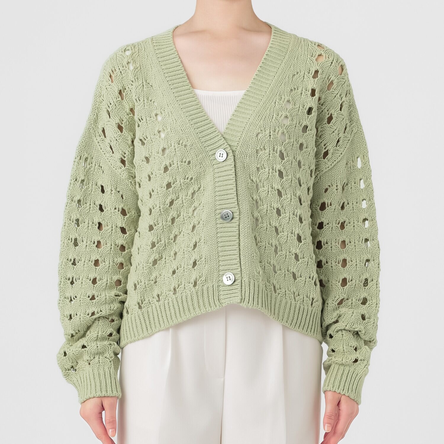 エマキュレイト 日本製 ホールガーメント リリヤーン 透かし柄 ニットカーディガン