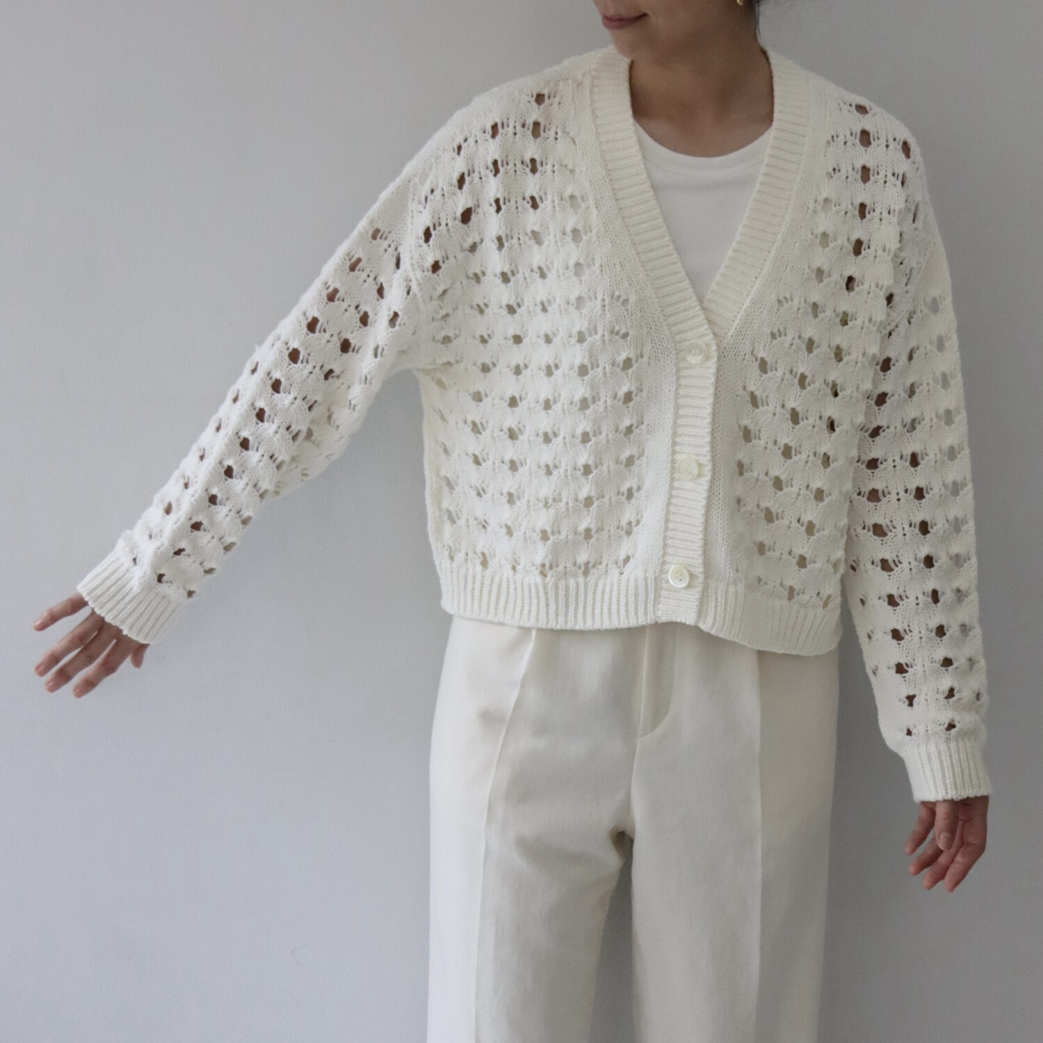 エマキュレイト 日本製 ホールガーメント リリヤーン 透かし柄 ニットカーディガン
