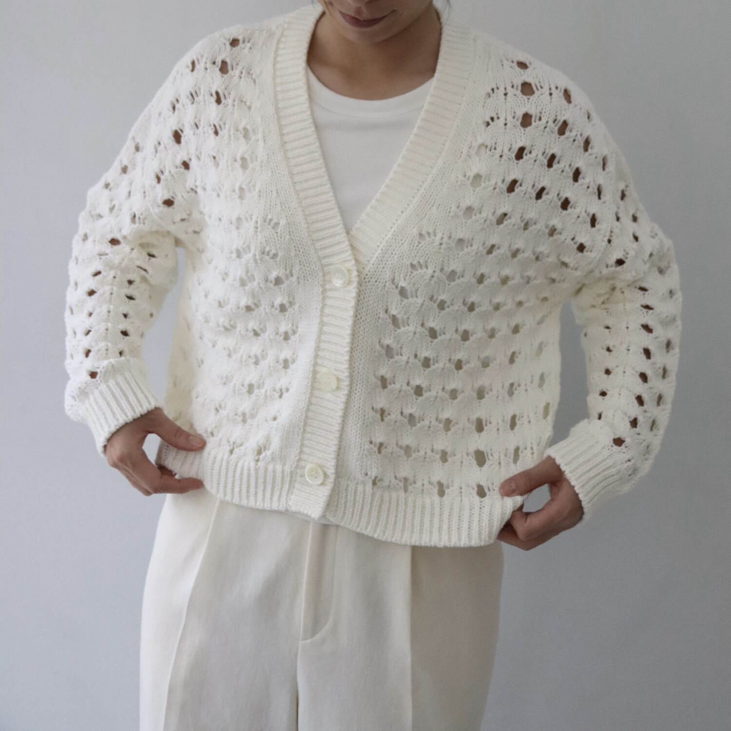 エマキュレイト 日本製 ホールガーメント リリヤーン 透かし柄 ニットカーディガン