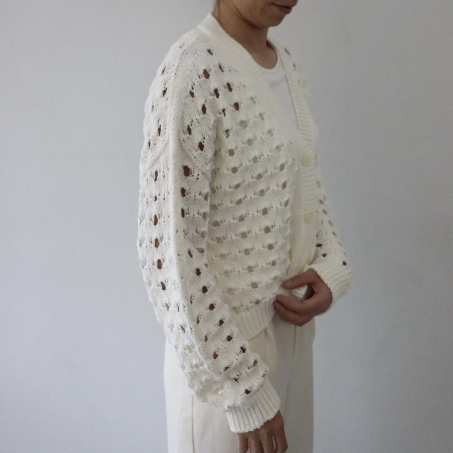 エマキュレイト 日本製 ホールガーメント リリヤーン 透かし柄 ニットカーディガン