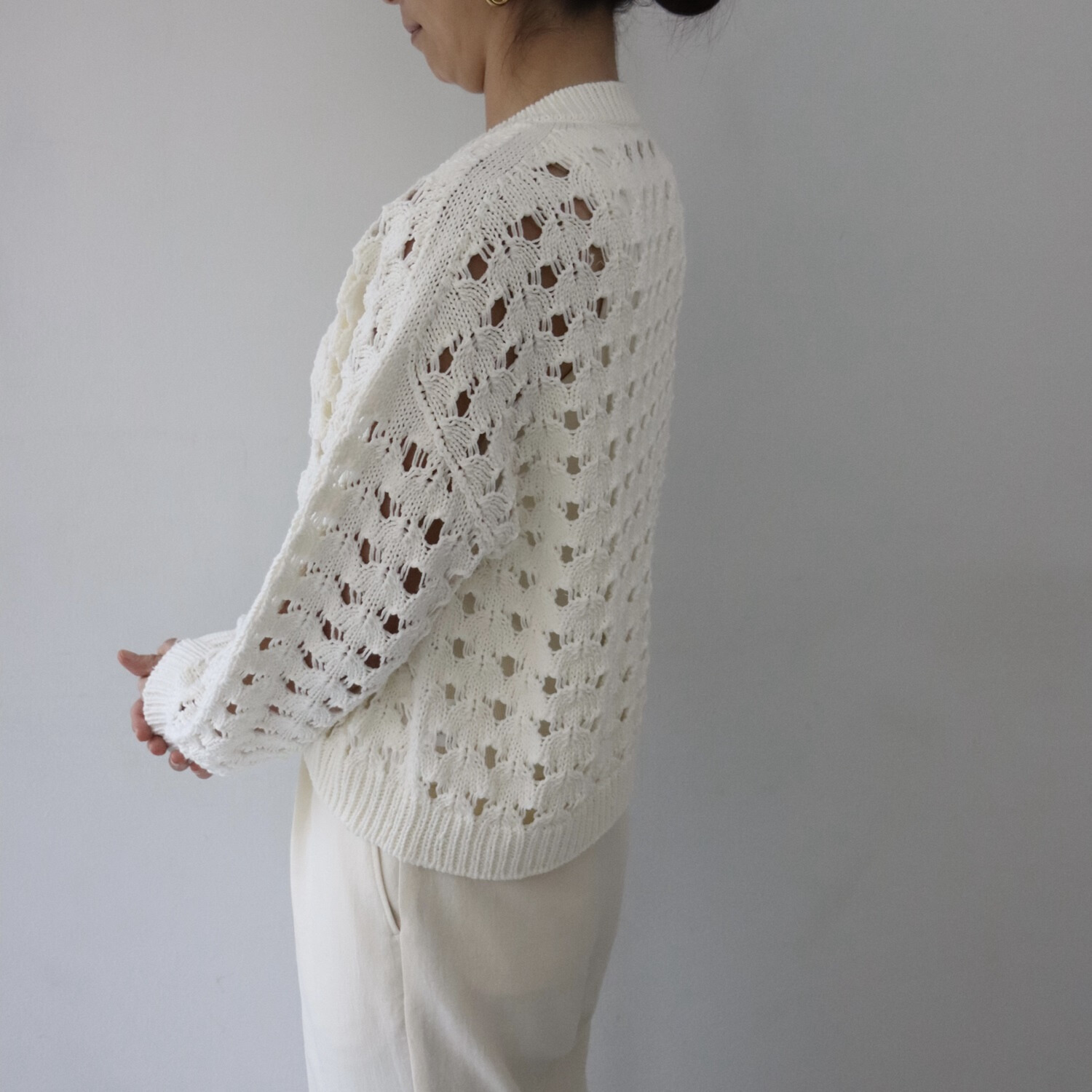 エマキュレイト 日本製 ホールガーメント リリヤーン 透かし柄 ニットカーディガン