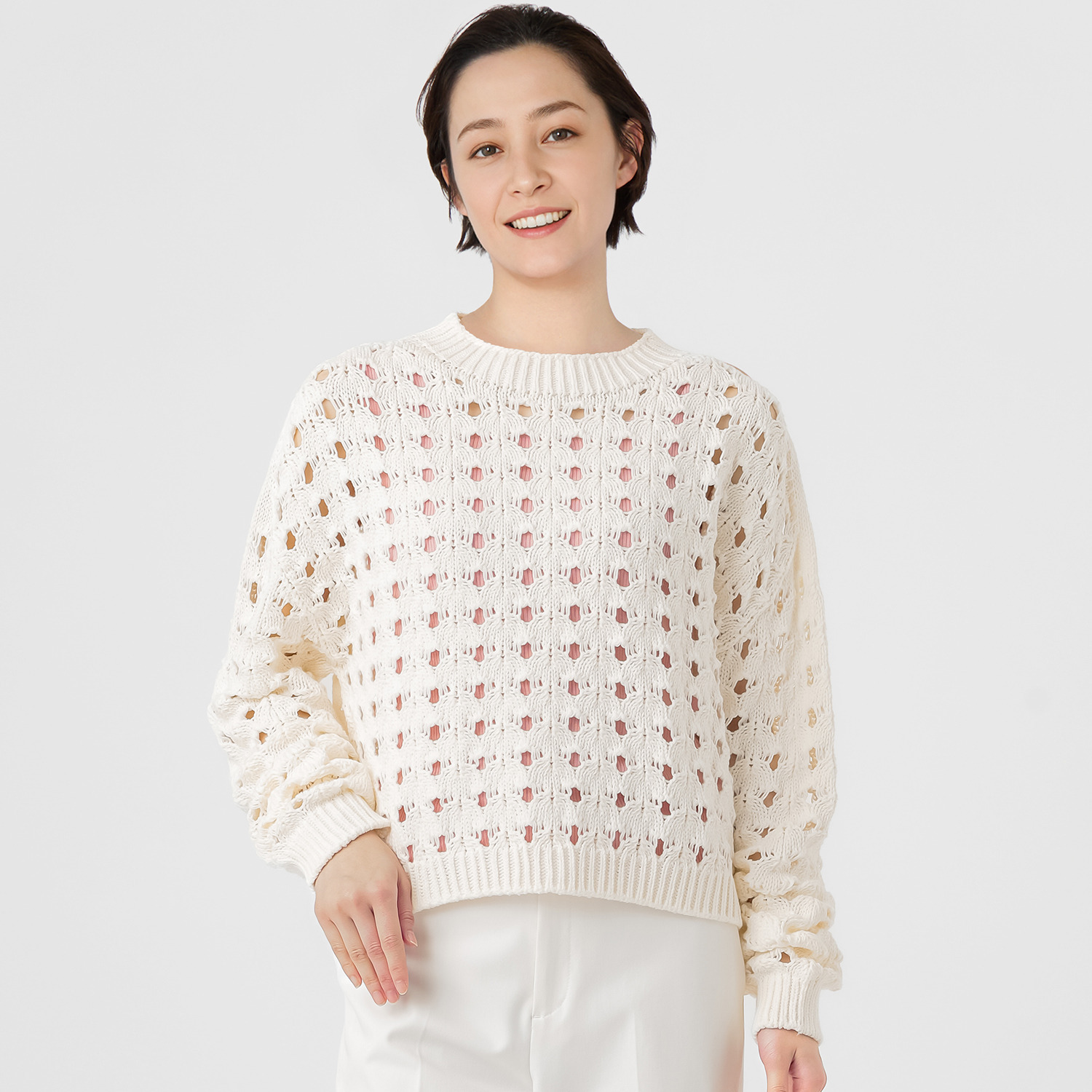 エマキュレイト 日本製 ホールガーメント リリヤーン 透かし柄 ニットプルオーバー