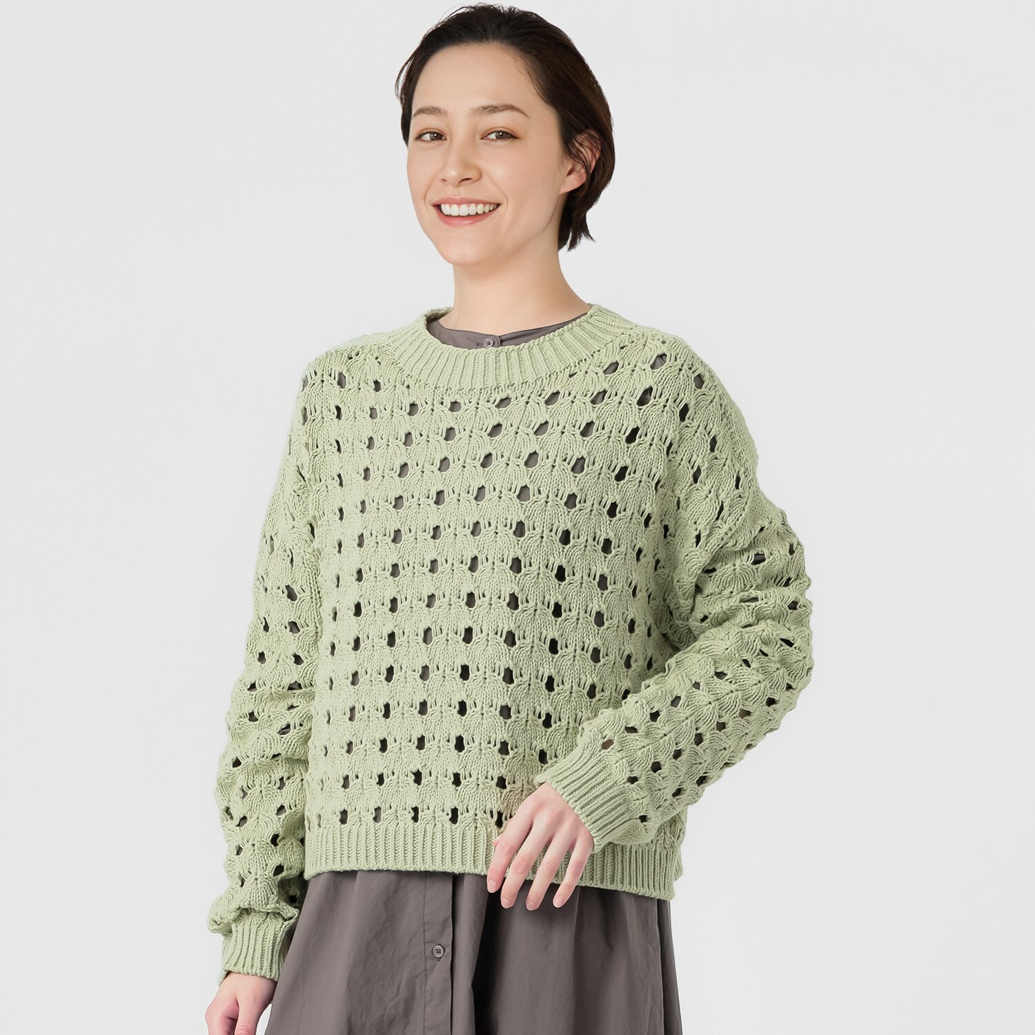 エマキュレイト 日本製 ホールガーメント リリヤーン 透かし柄 ニットプルオーバー