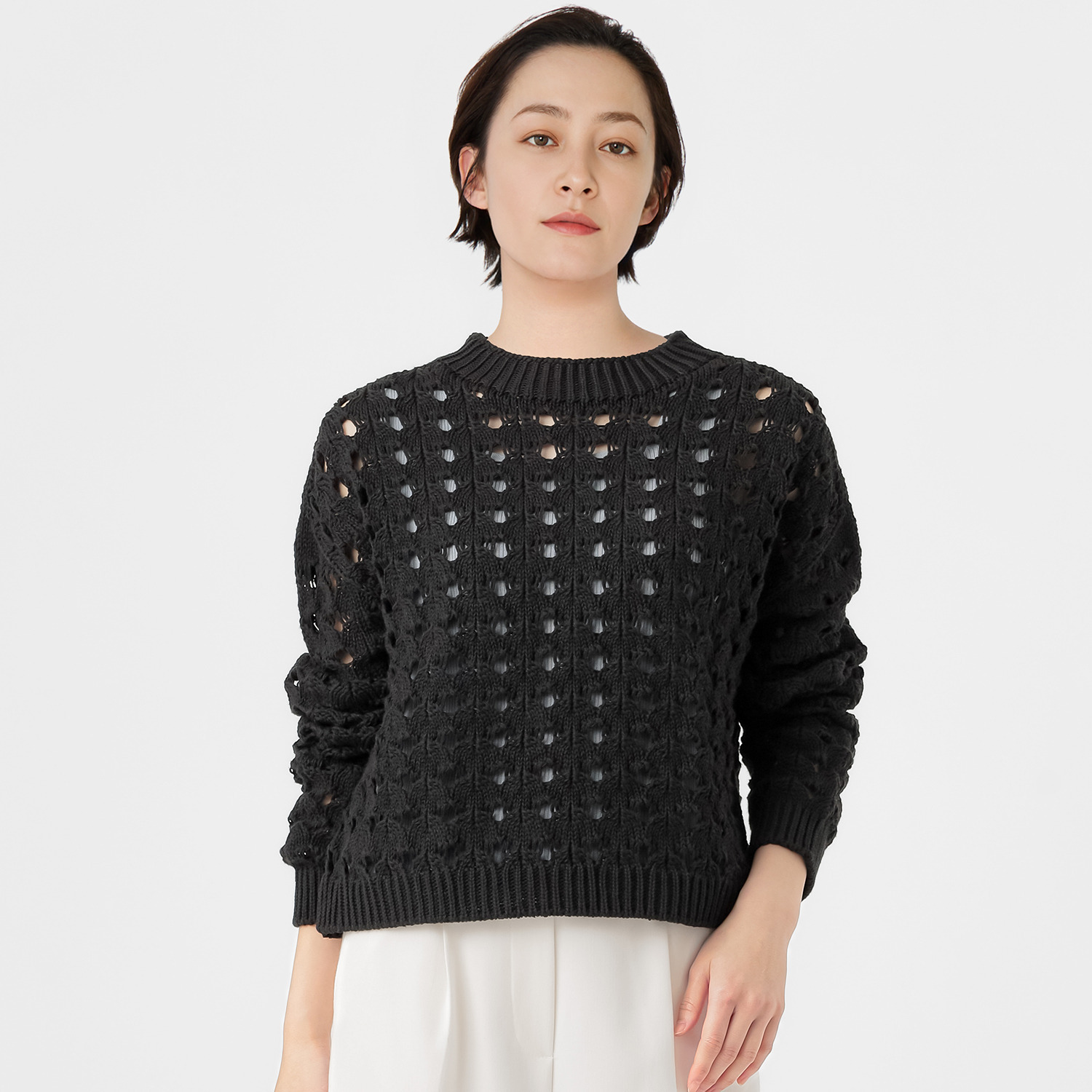 エマキュレイト 日本製 ホールガーメント リリヤーン 透かし柄 ニットプルオーバー