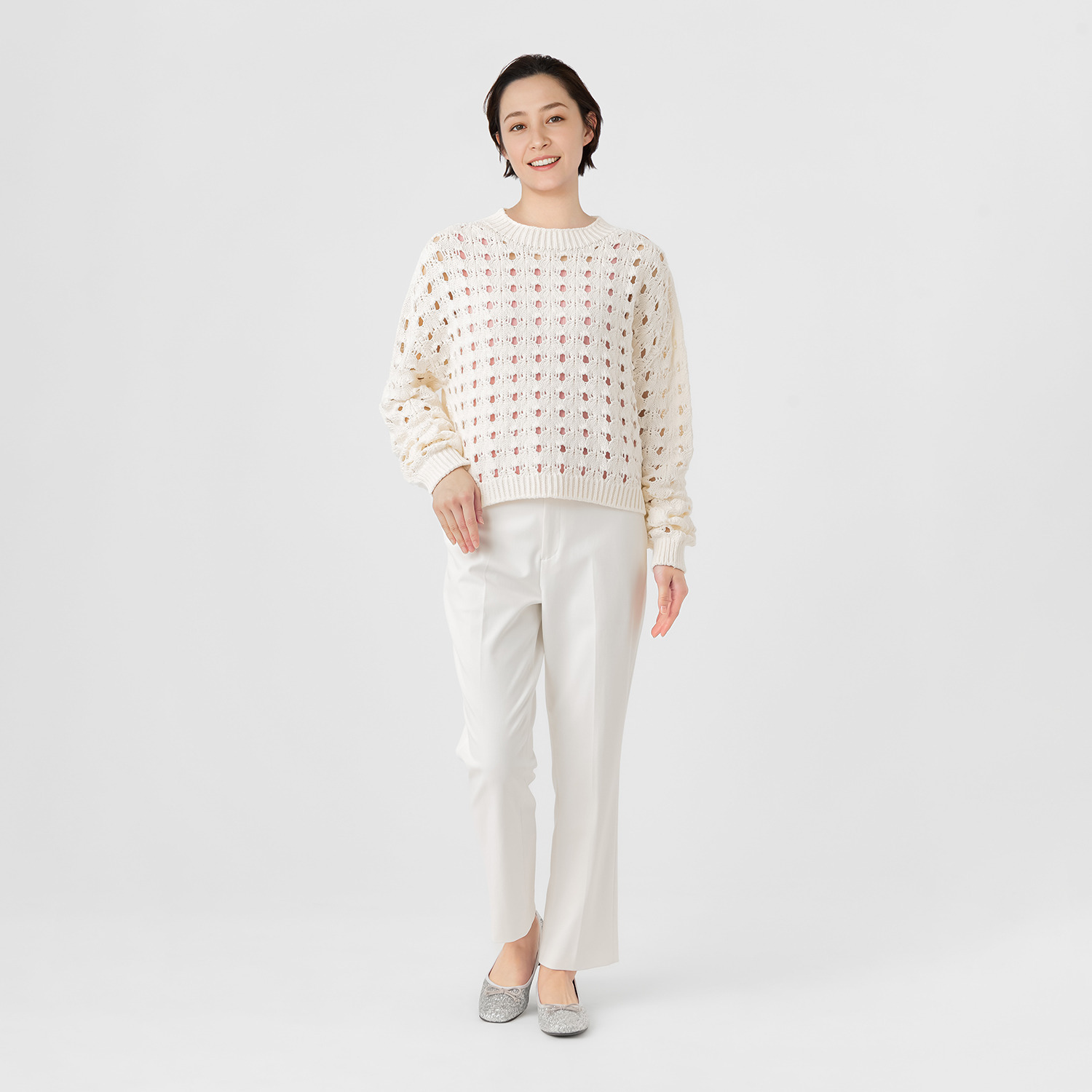 エマキュレイト 日本製 ホールガーメント リリヤーン 透かし柄 ニットプルオーバー