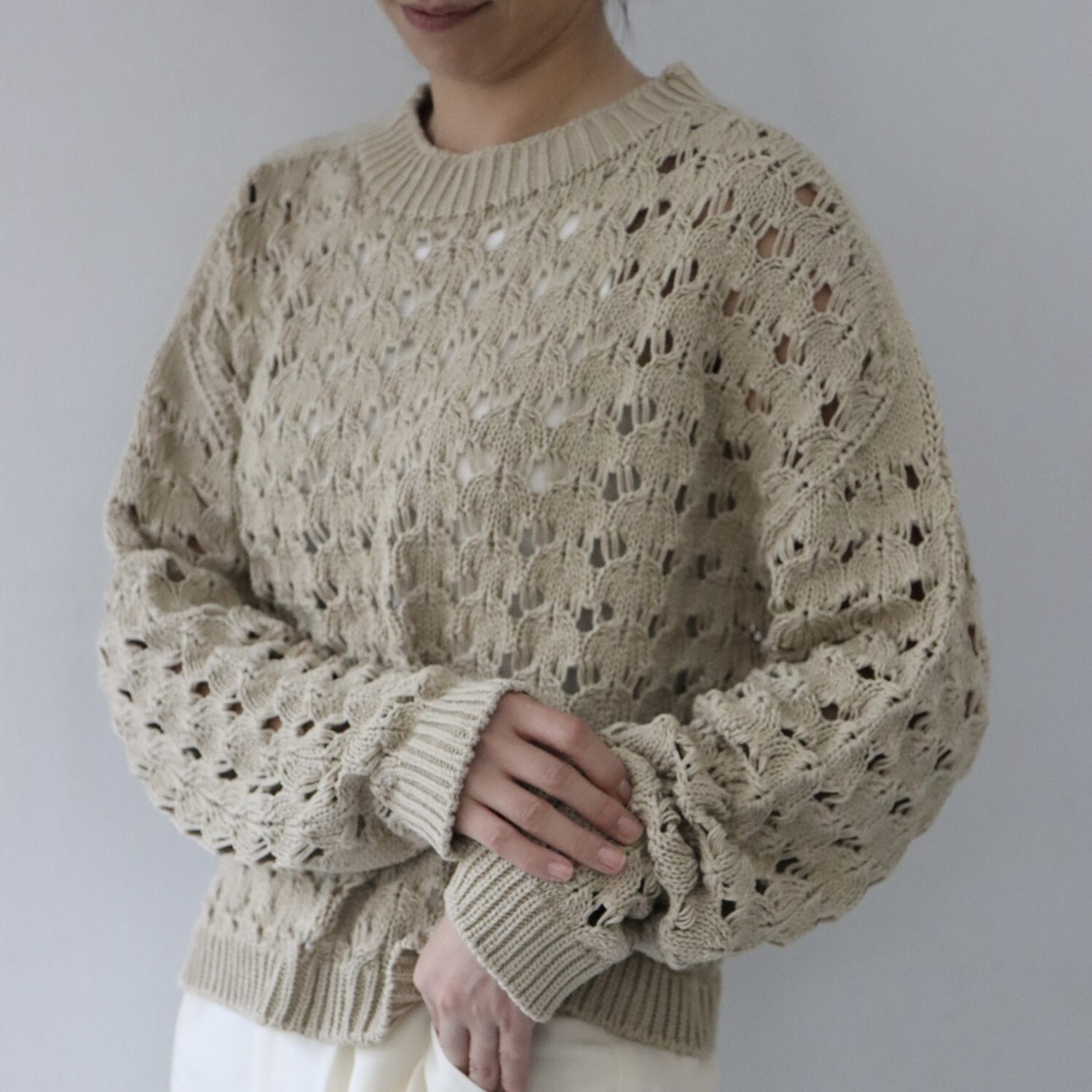エマキュレイト 日本製 ホールガーメント リリヤーン 透かし柄 ニットプルオーバー