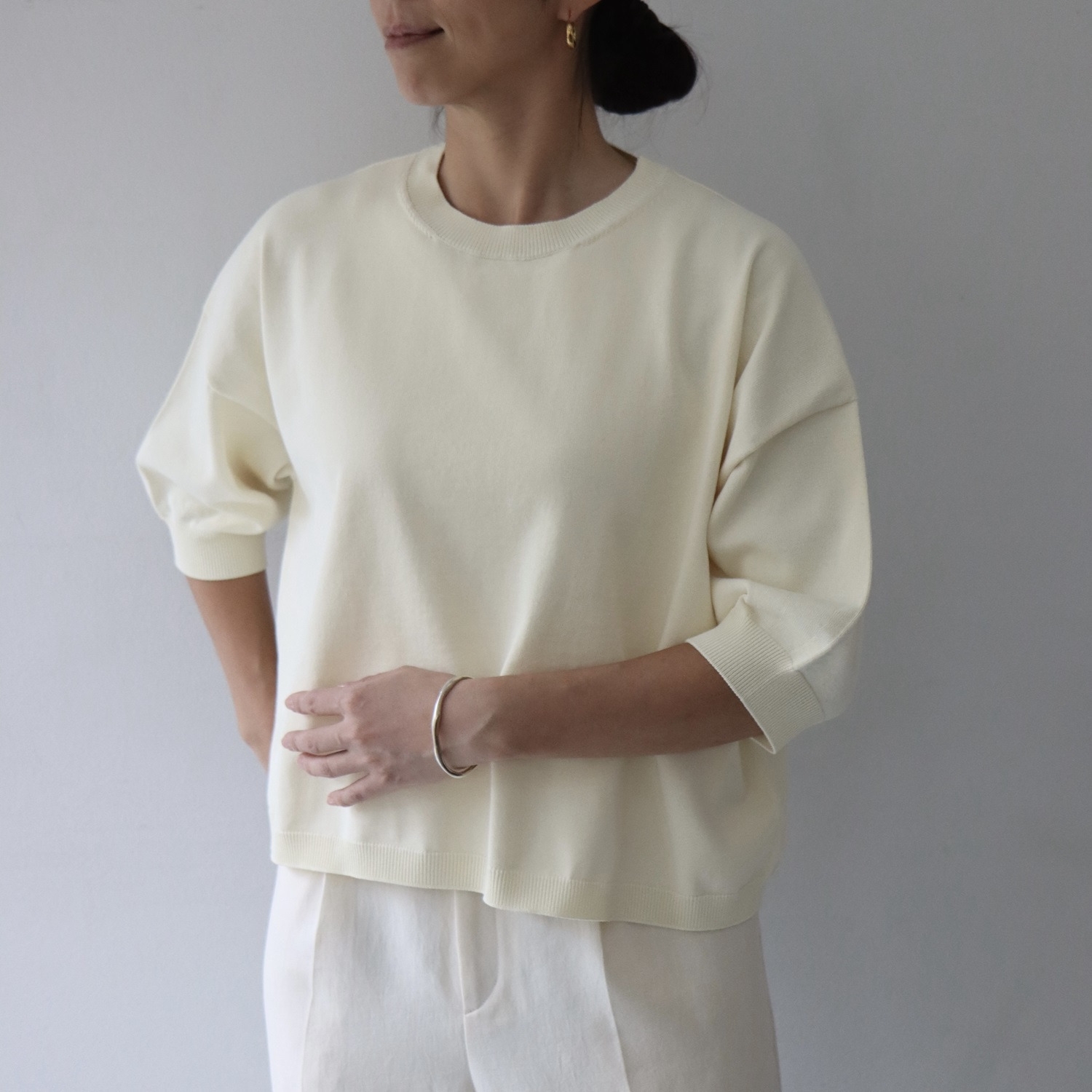 エマキュレイト 日本製 ホールガーメント 天竺 クルーネック ニットプルオーバー