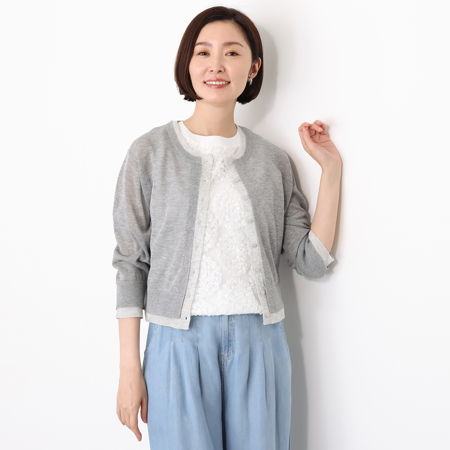 スタイル・ラヴィー バイカラー 重ね着風 着回し自由な カーディガン