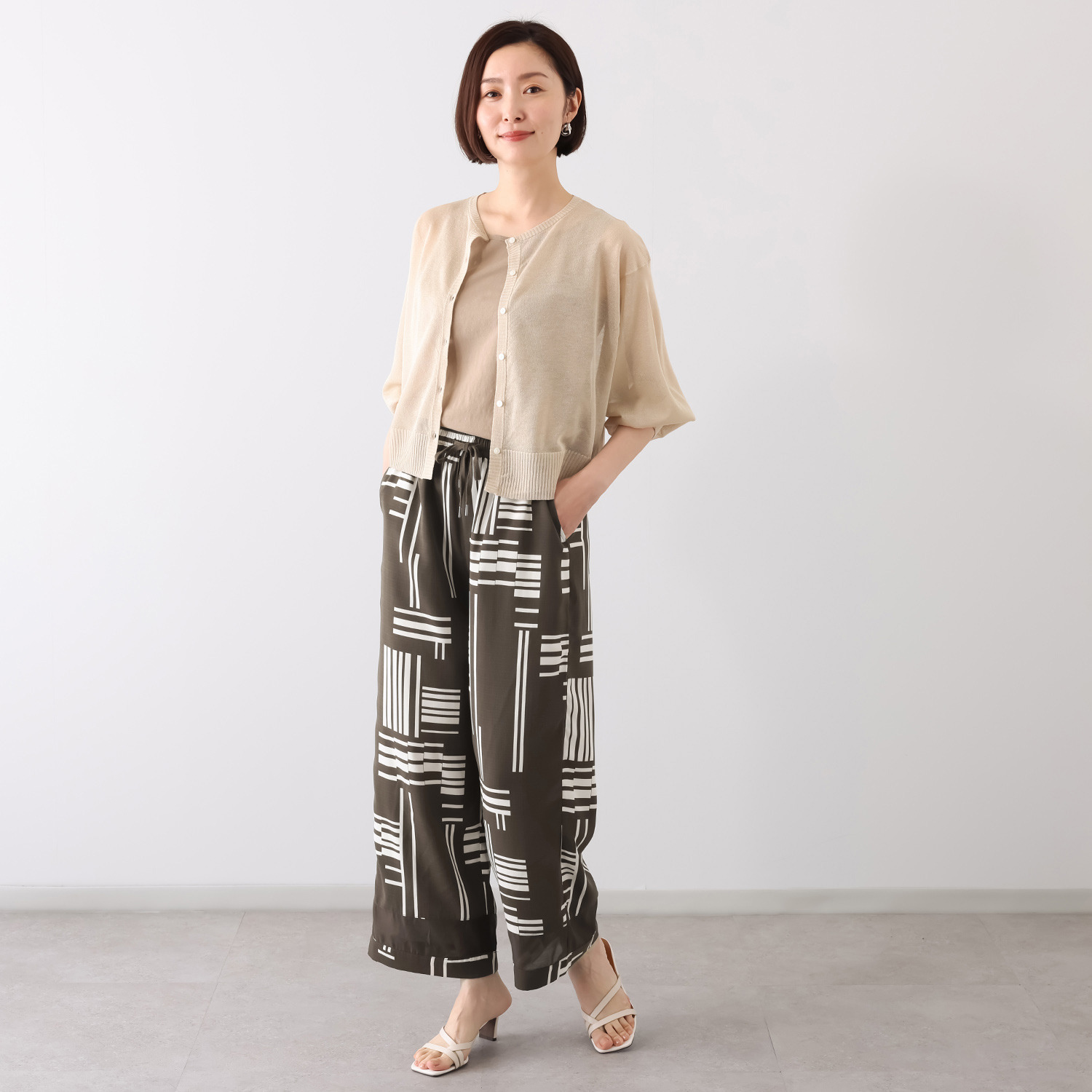 スタイル・ラヴィー シアー切替アクセント 幾何学プリント イージーパンツ