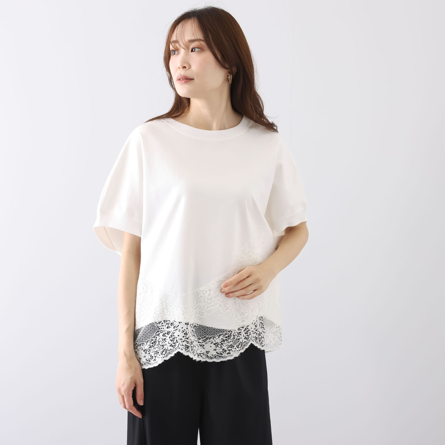 ヘブンアンドアース ＵＶカット・接触冷感 フレンチスリーブ 裾レースプルオーバー