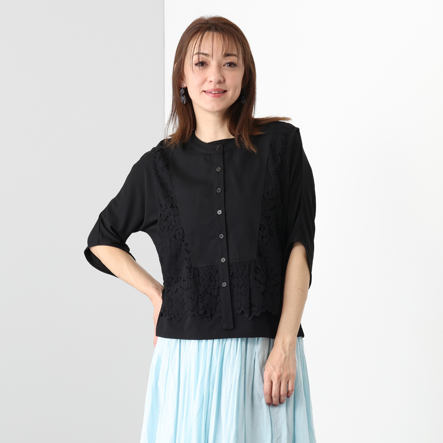 シルバーミントシュガー レース＆フィブリルツイル ブラウス風ベストと ドルマンスリーブ デザインプルオーバー アンサンブル