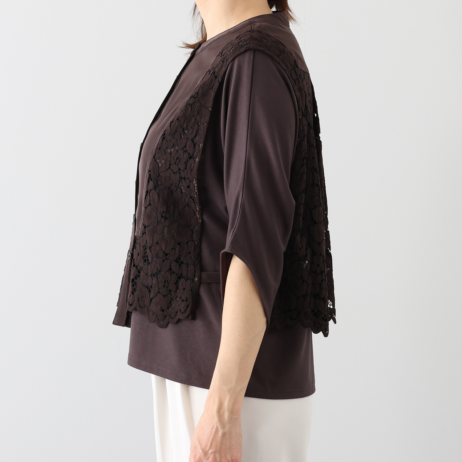 シルバーミントシュガー レース＆フィブリルツイル ブラウス風ベストと ドルマンスリーブ デザインプルオーバー アンサンブル