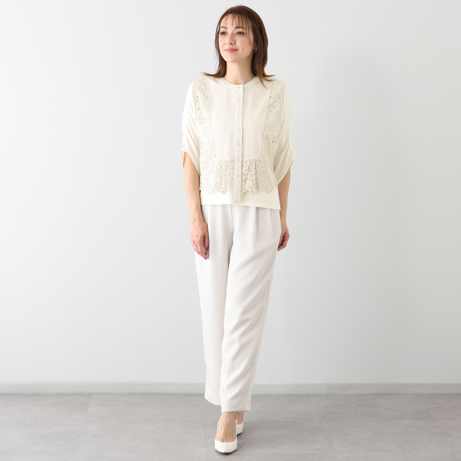 シルバーミントシュガー レース＆フィブリルツイル ブラウス風ベストと ドルマンスリーブ デザインプルオーバー アンサンブル