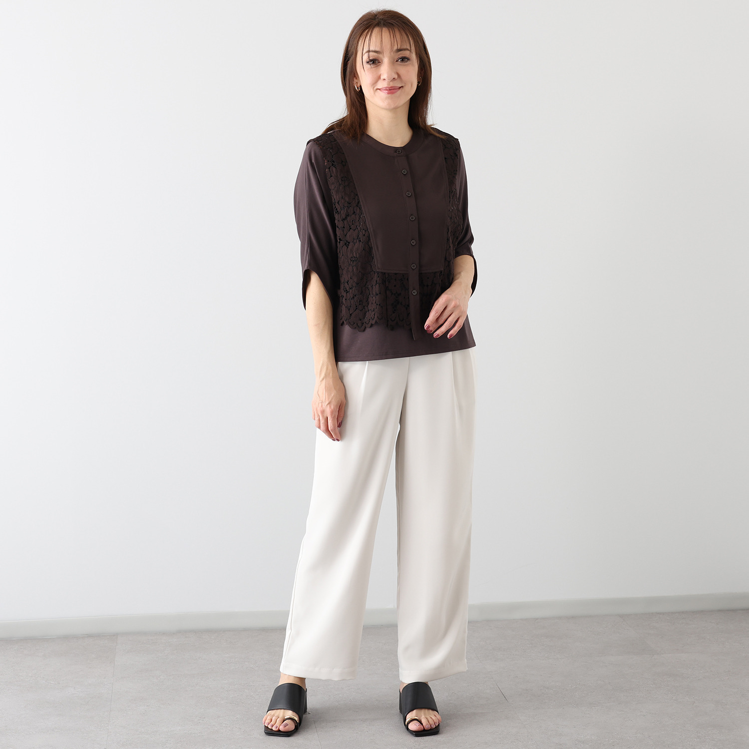 シルバーミントシュガー レース＆フィブリルツイル ブラウス風ベストと ドルマンスリーブ デザインプルオーバー アンサンブル