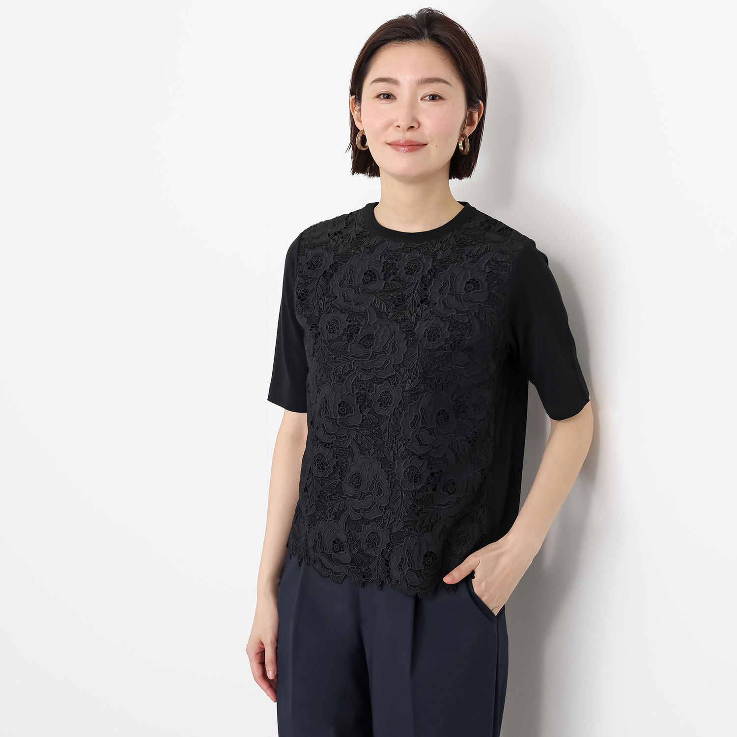 アズイズ　ビーマイセルフ バイ　ネイチャーズ エンブロイダリー レース使い 五分袖プルオーバー