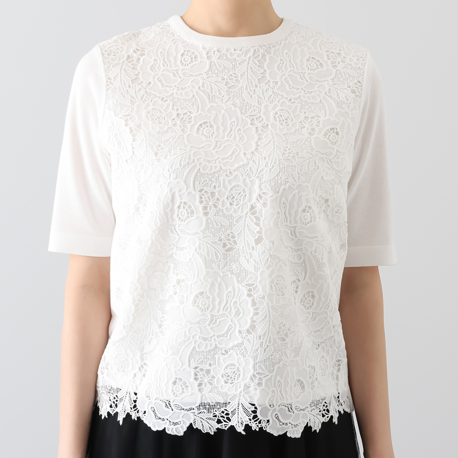 アズイズ　ビーマイセルフ バイ　ネイチャーズ エンブロイダリー レース使い 五分袖プルオーバー