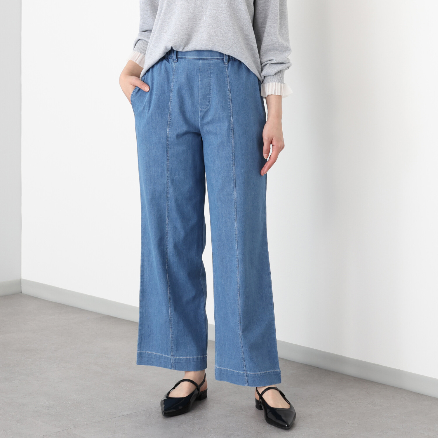 アトリエール 接触冷感・ＵＶカット コットン混 デニム切替 ワイドストレートパンツ