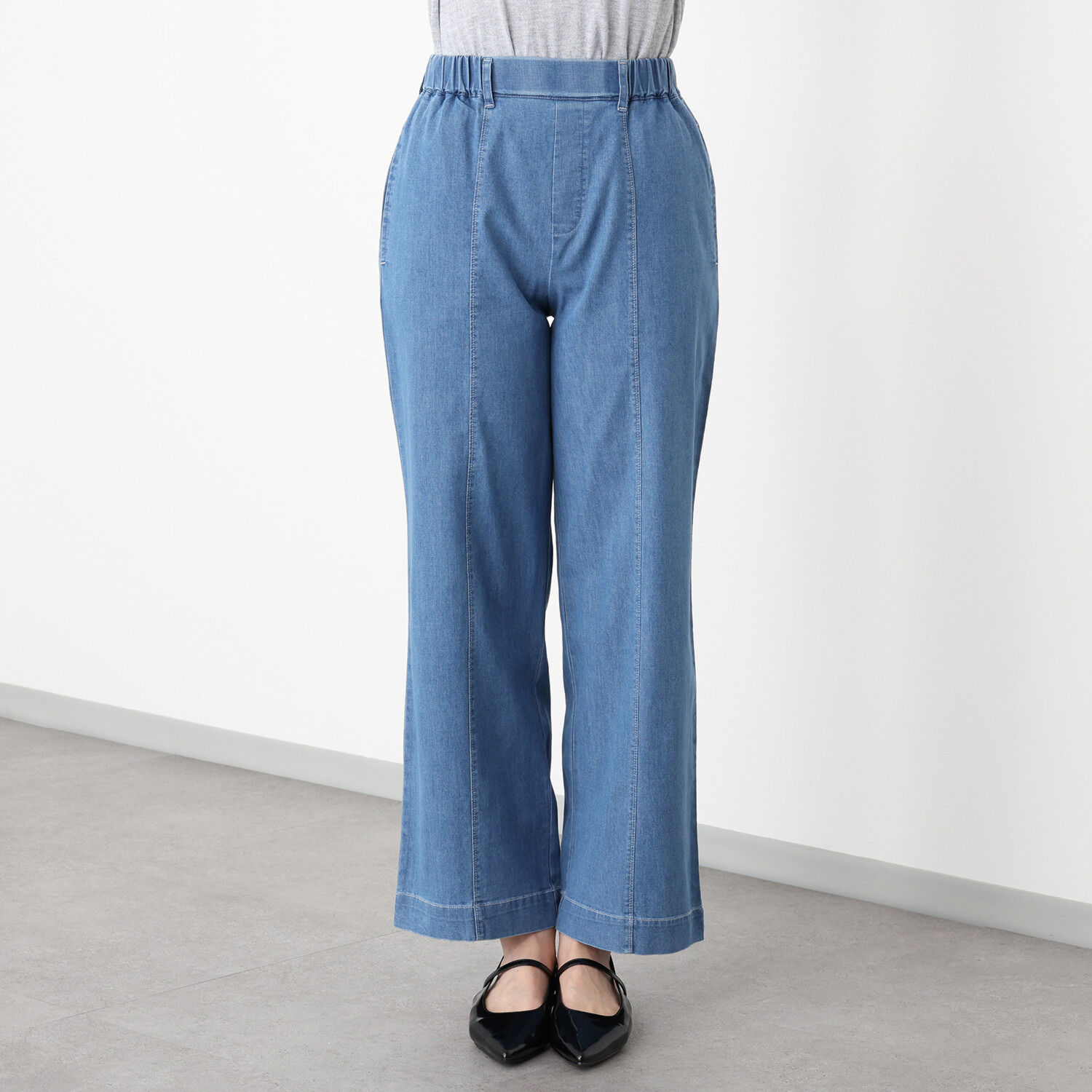 アトリエール 接触冷感・ＵＶカット コットン混 デニム切替 ワイドストレートパンツ