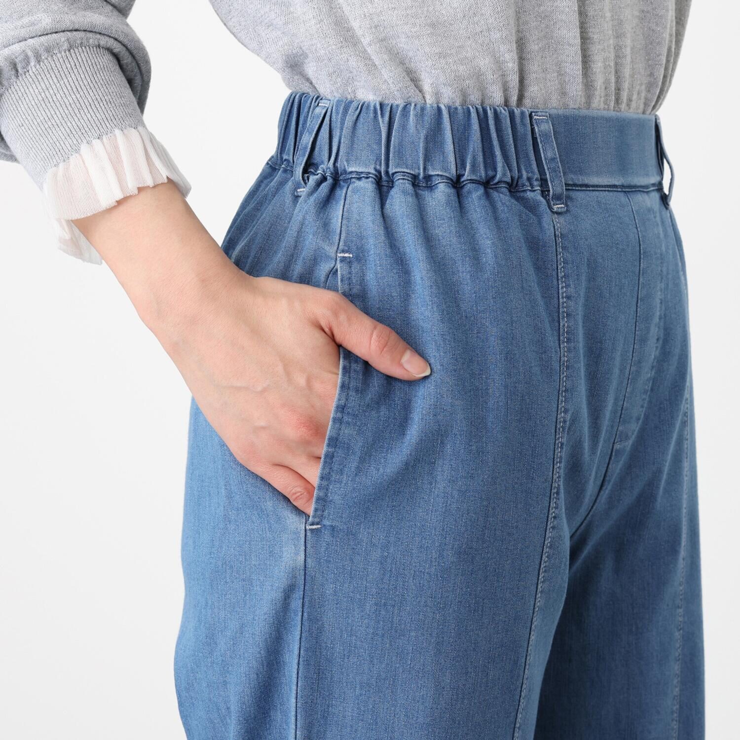 アトリエール 接触冷感・ＵＶカット コットン混 デニム切替 ワイドストレートパンツ