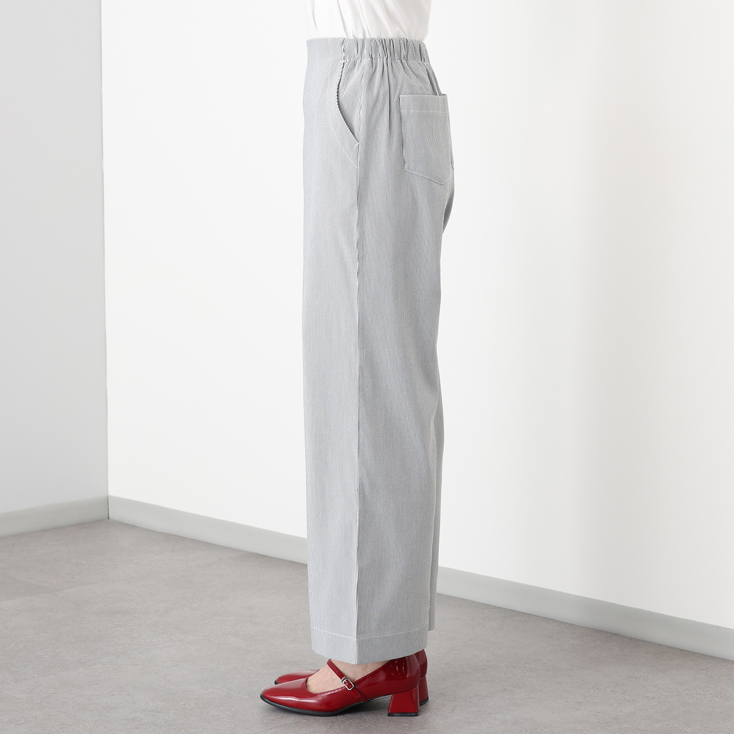 アトリエール 接触冷感・ＵＶカット ストライプストレッチ ワイドストレートパンツ