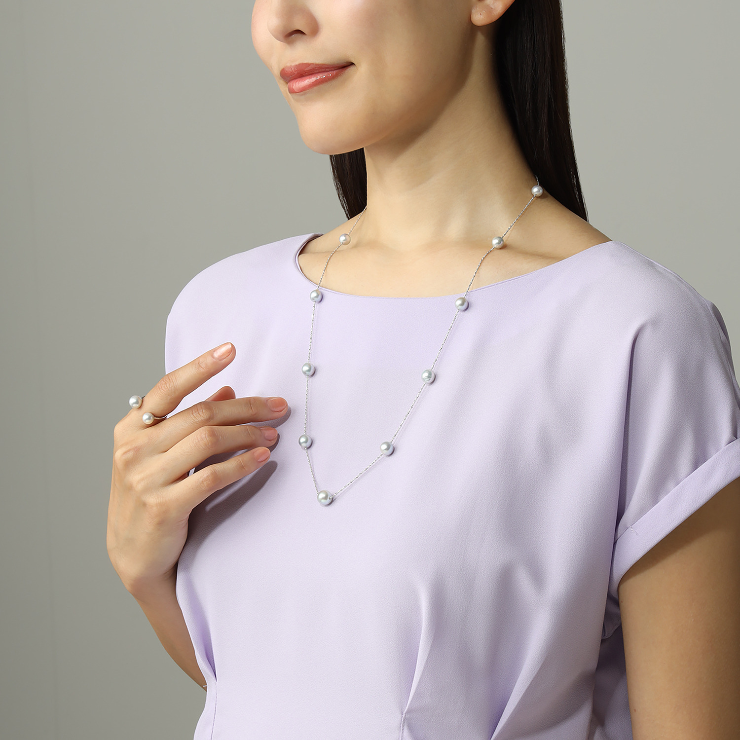 ペルラモーダ シルバー 国産無調色越物 ナチュラルブルーグレー アコヤパール ロングネックレス