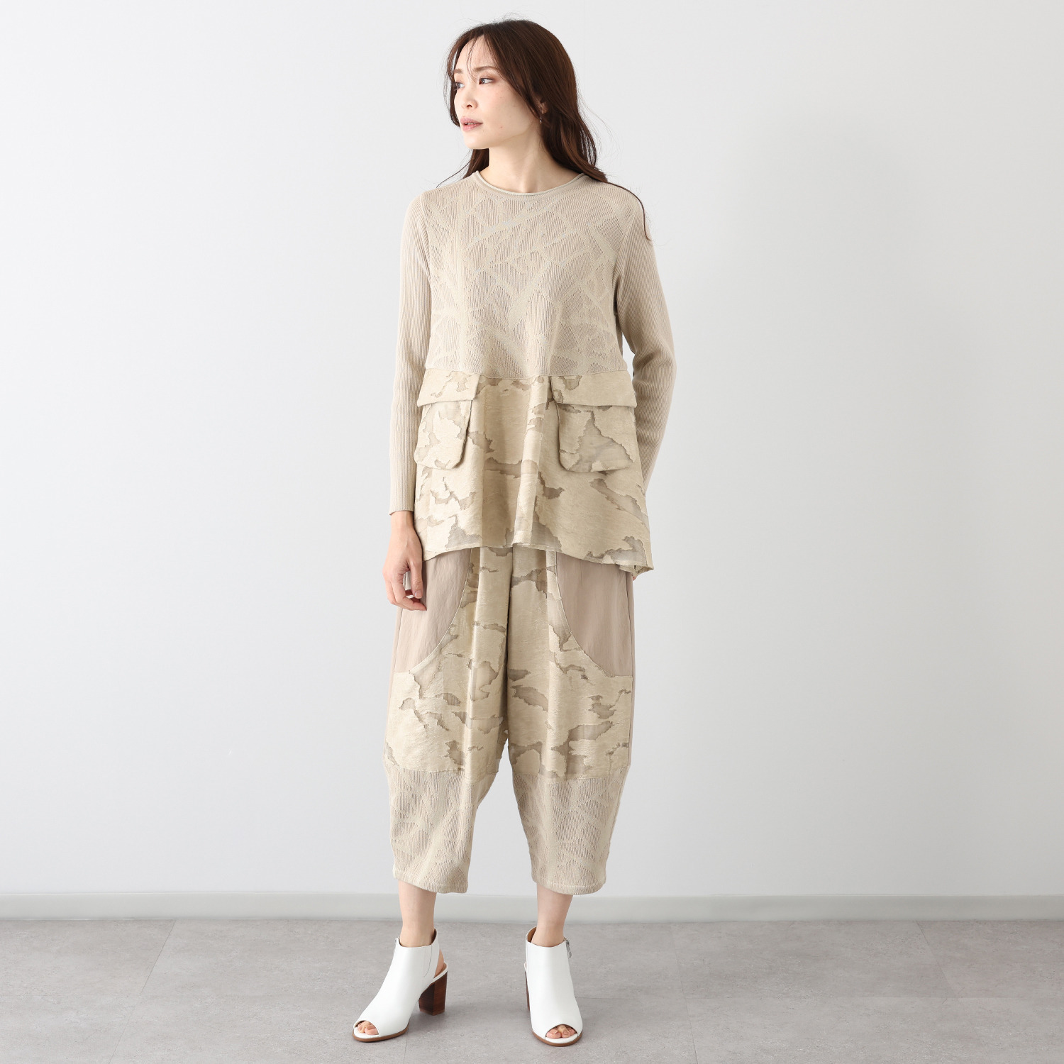 ヨシヨシ バイ　ピージェイ 異素材切替 ワイドテーパード デザインパンツ