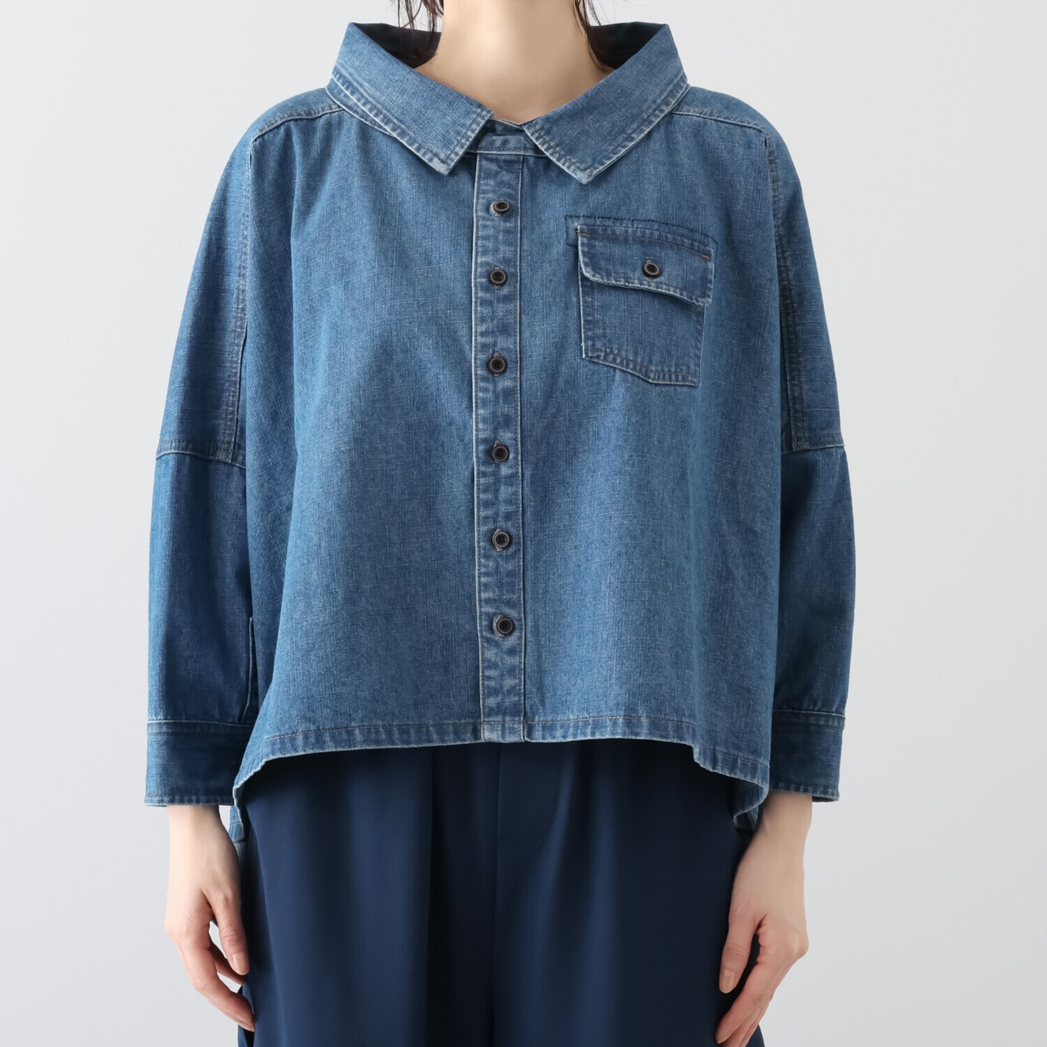 ワンピース セレクト　バイ　カワル デニムなのに柔らか！ 身頃たっぷり 体形カバー 変形デニムジャケット