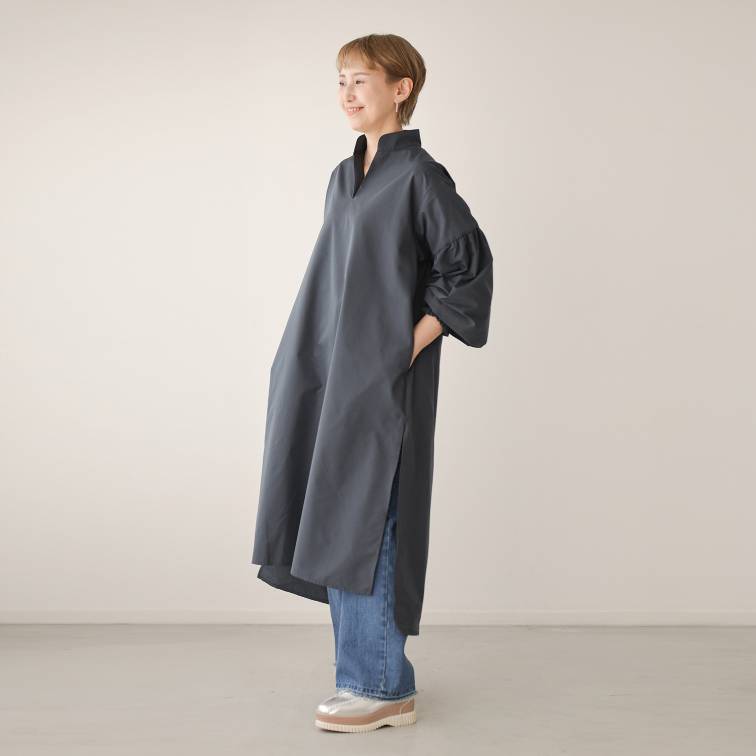 ワンピース セレクト　バイ　カワル ぽわん袖が着映えする！ シワになりにくい チュニックワンピース