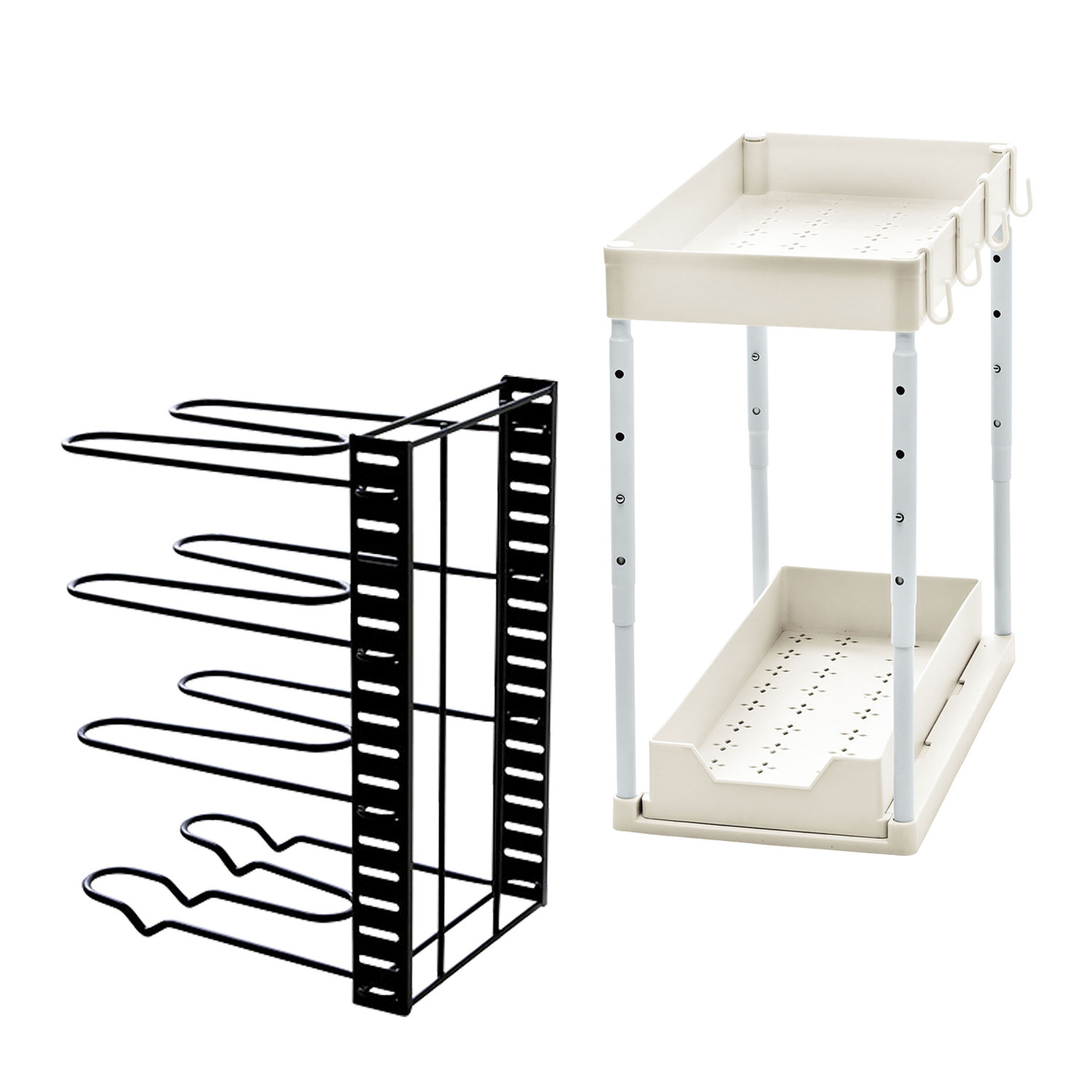 高さ調節できる シンク下収納ラック＆ ３ＷＡＹ フライパンスタンドセット