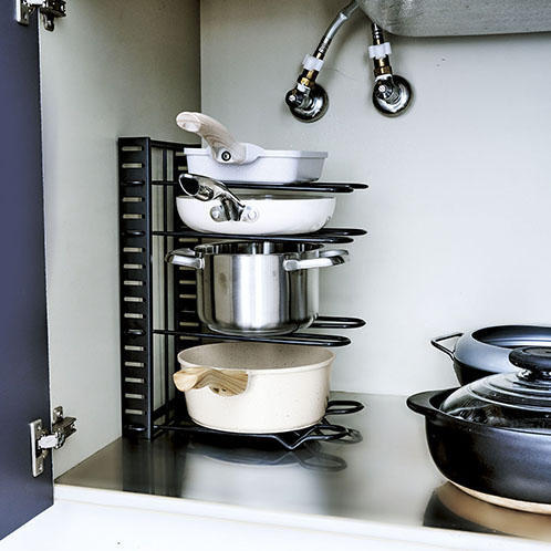 高さ調節できる シンク下収納ラック＆ ３ＷＡＹ フライパンスタンドセット