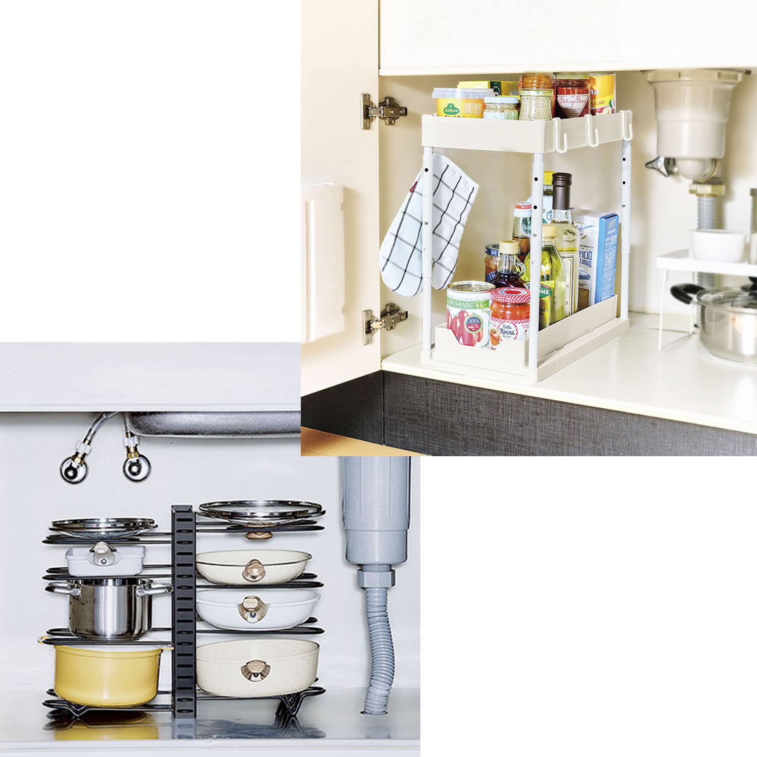 高さ調節できる シンク下収納ラック＆ ３ＷＡＹ フライパンスタンドセット