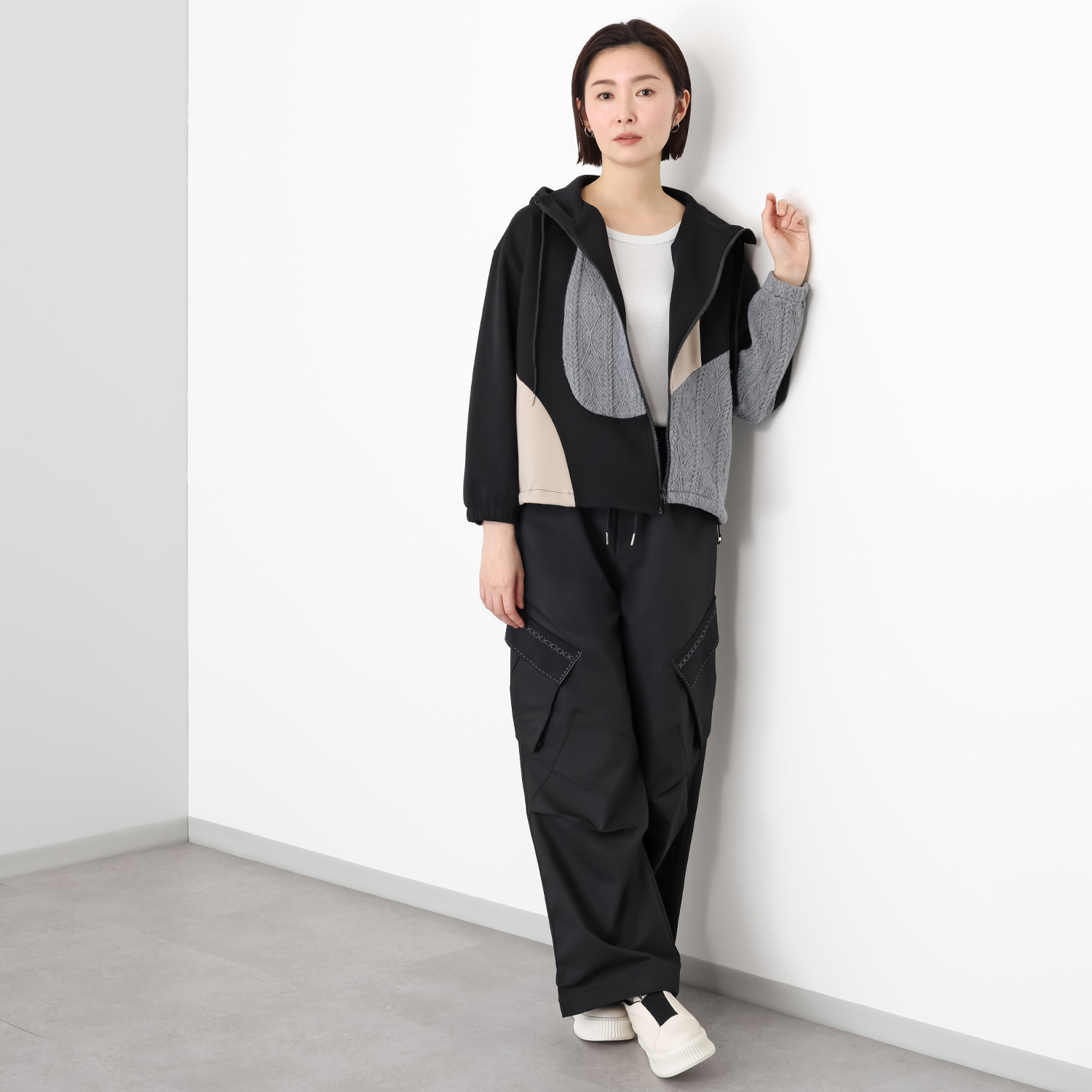 プラスエム 異素材切替 デザインパーカー