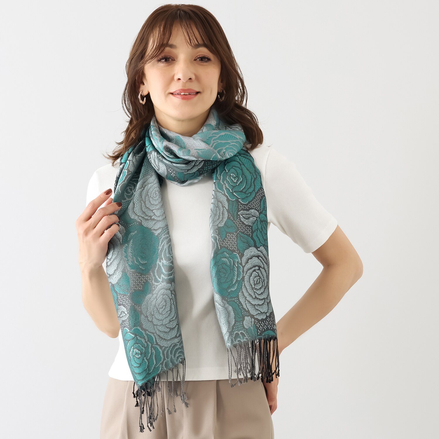 おぼろ織 シルク１００％ ストール ＜ローズガーデン柄＞