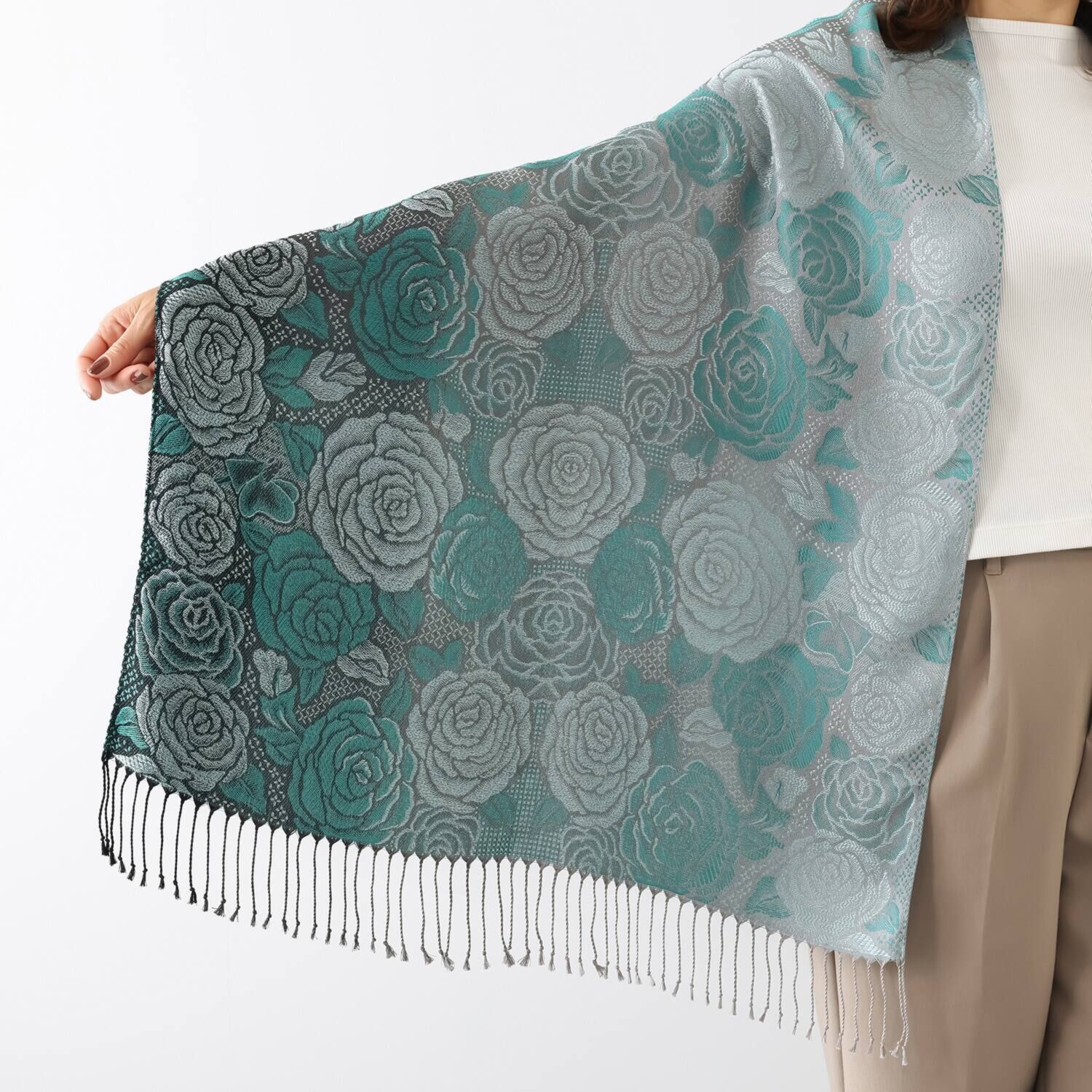 おぼろ織 シルク１００％ ストール ＜ローズガーデン柄＞