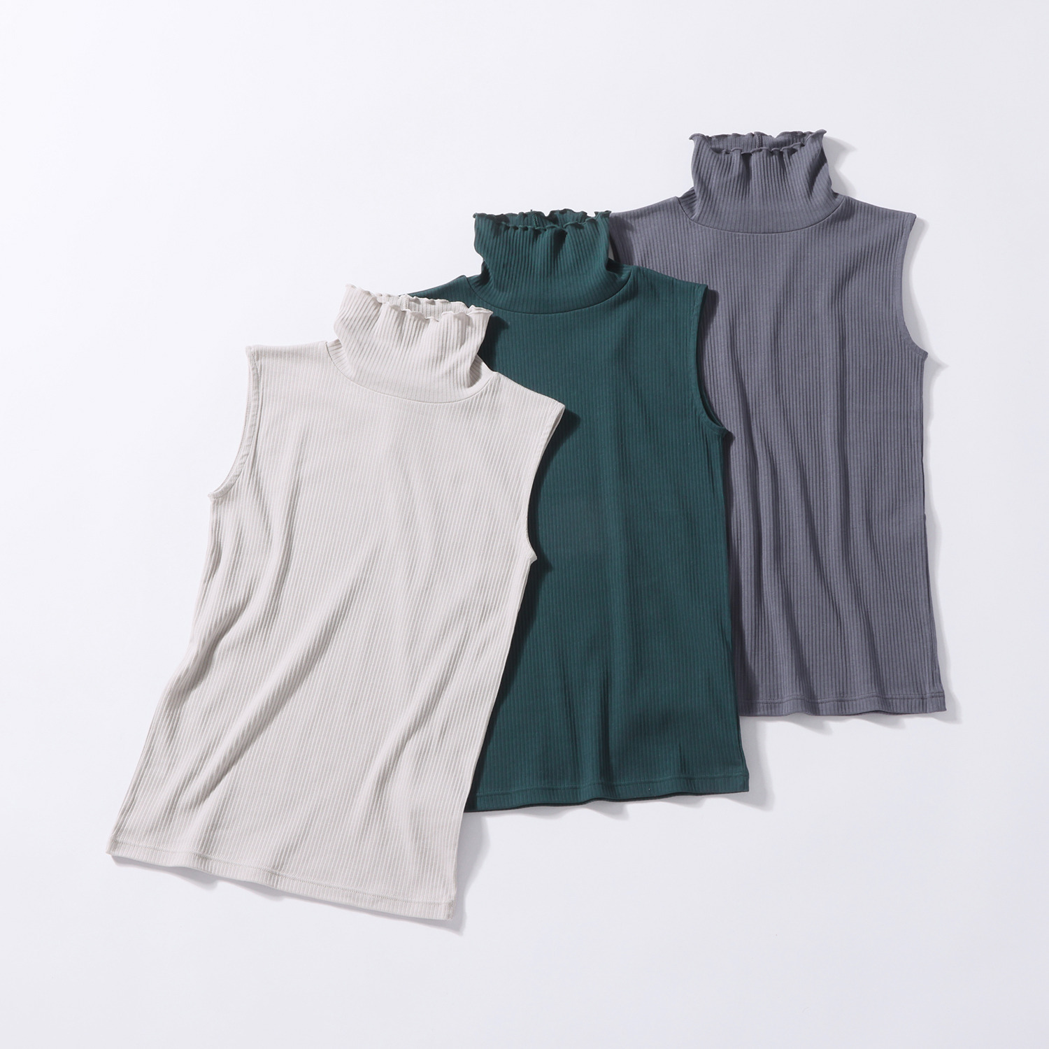 ジュエル オーガニックコットン混 ストレッチリブ編 ハイネック ノースリーブインナー ３枚セット